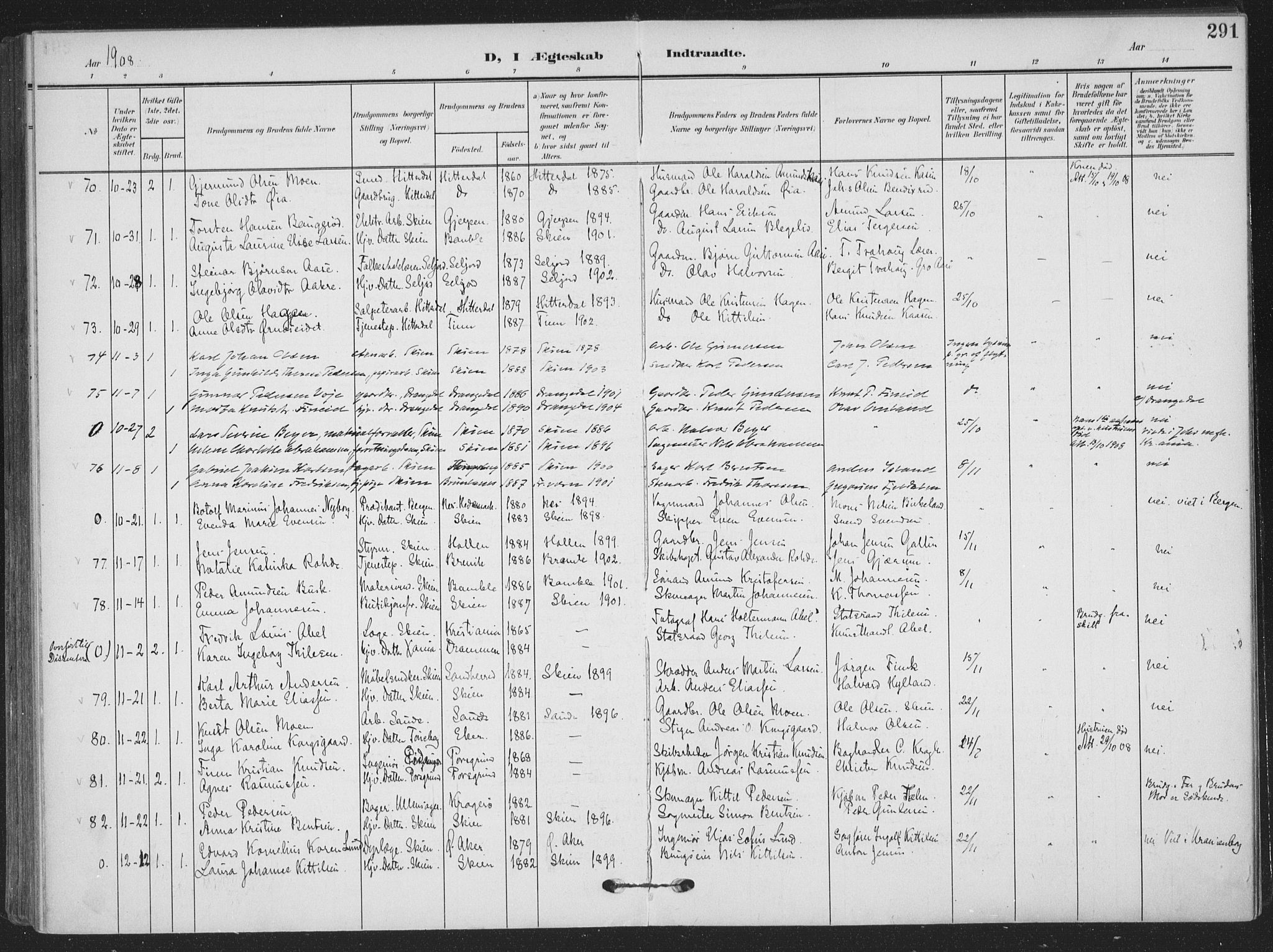 Skien kirkebøker, AV/SAKO-A-302/F/Fa/L0012: Parish register (official) no. 12, 1908-1914, p. 291