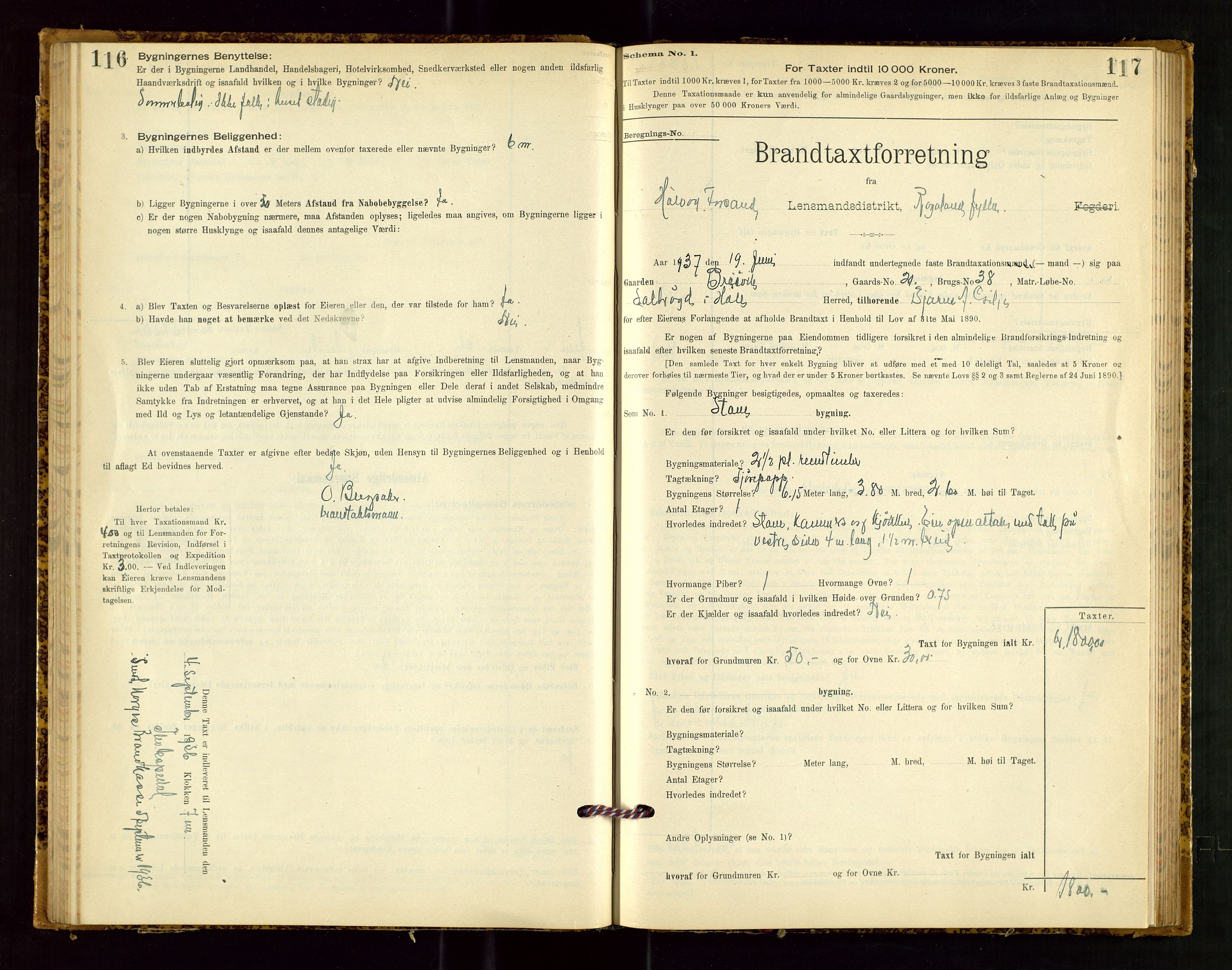 Høle og Forsand lensmannskontor, SAST/A-100127/Gob/L0001: "Brandtaxtprotokol" - skjematakst, 1897-1940, p. 116-117