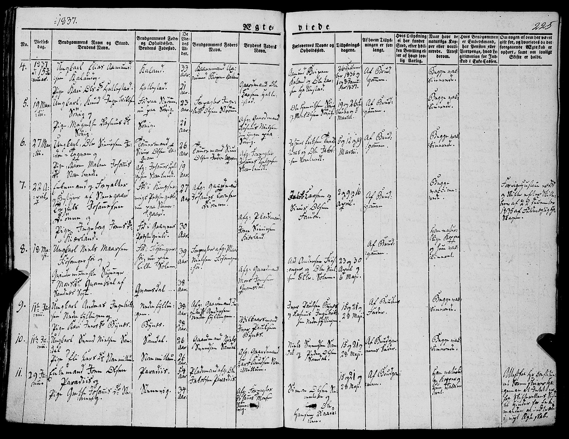 Fana Sokneprestembete, AV/SAB-A-75101/H/Haa/Haaa/L0008: Parish register (official) no. A 8, 1829-1851, p. 225