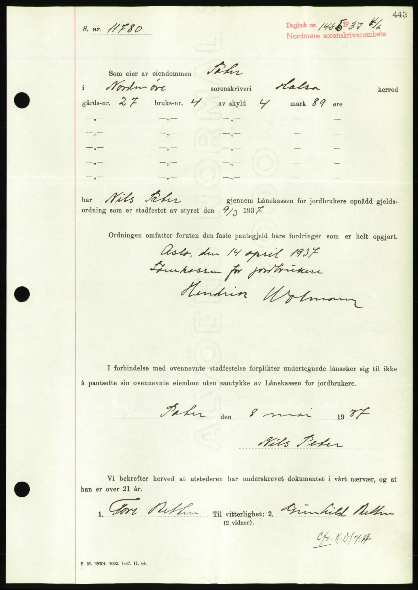 Nordmøre sorenskriveri, AV/SAT-A-4132/1/2/2Ca/L0091: Mortgage book no. B81, 1937-1937, Diary no: : 1486/1937