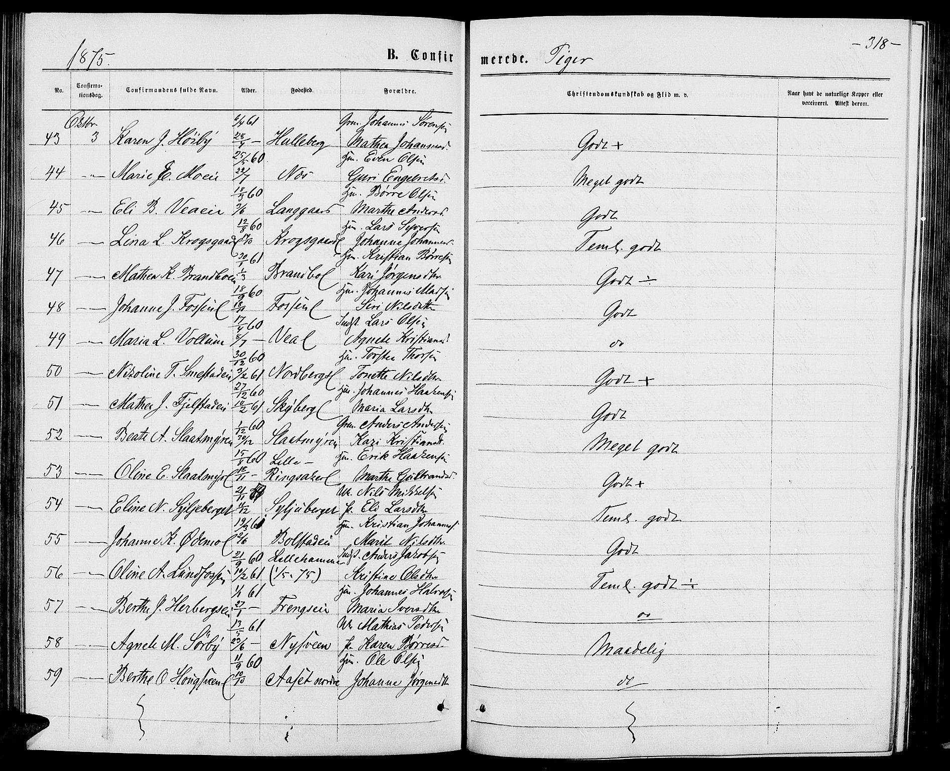 Ringsaker prestekontor, AV/SAH-PREST-014/L/La/L0008: Parish register (copy) no. 8, 1870-1878, p. 318