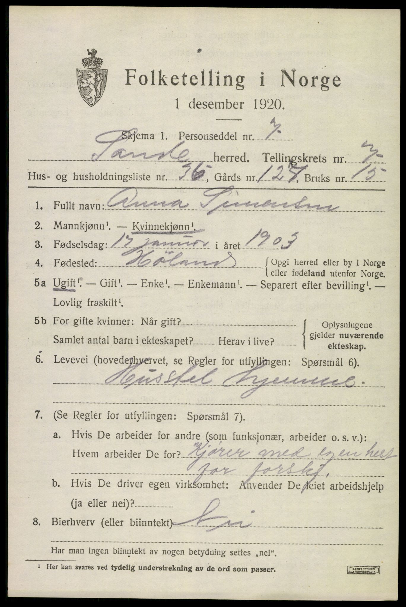 SAKO, 1920 census for Sande, 1920, p. 8444