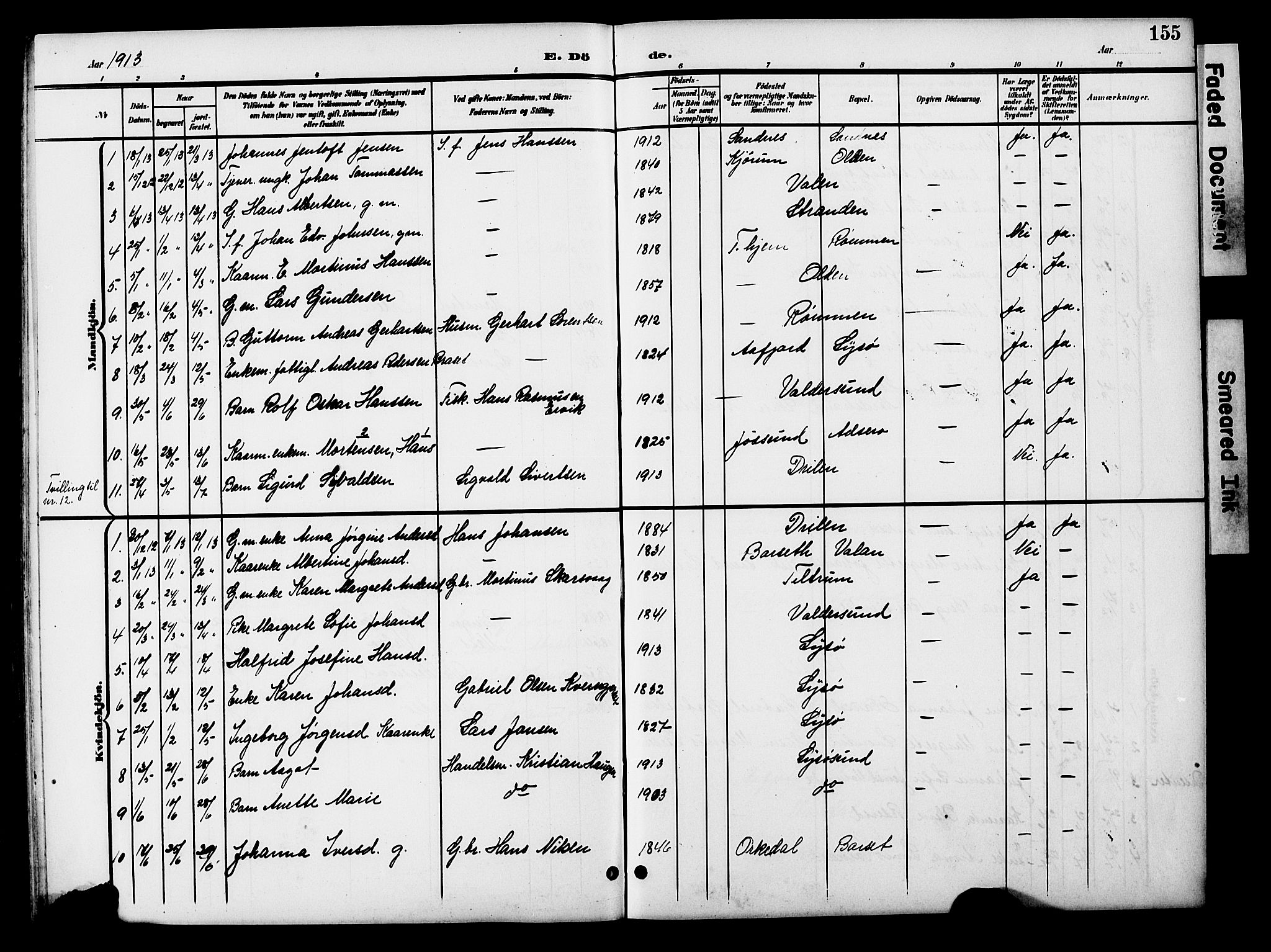 Ministerialprotokoller, klokkerbøker og fødselsregistre - Sør-Trøndelag, SAT/A-1456/654/L0666: Parish register (copy) no. 654C02, 1901-1925, p. 155