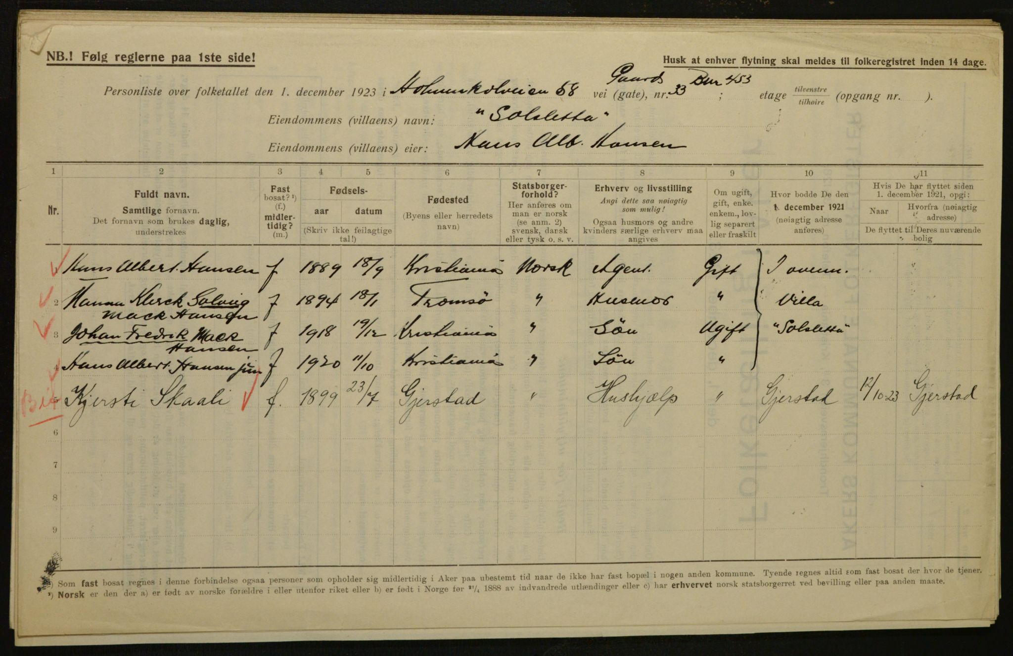 , Municipal Census 1923 for Aker, 1923, p. 2683