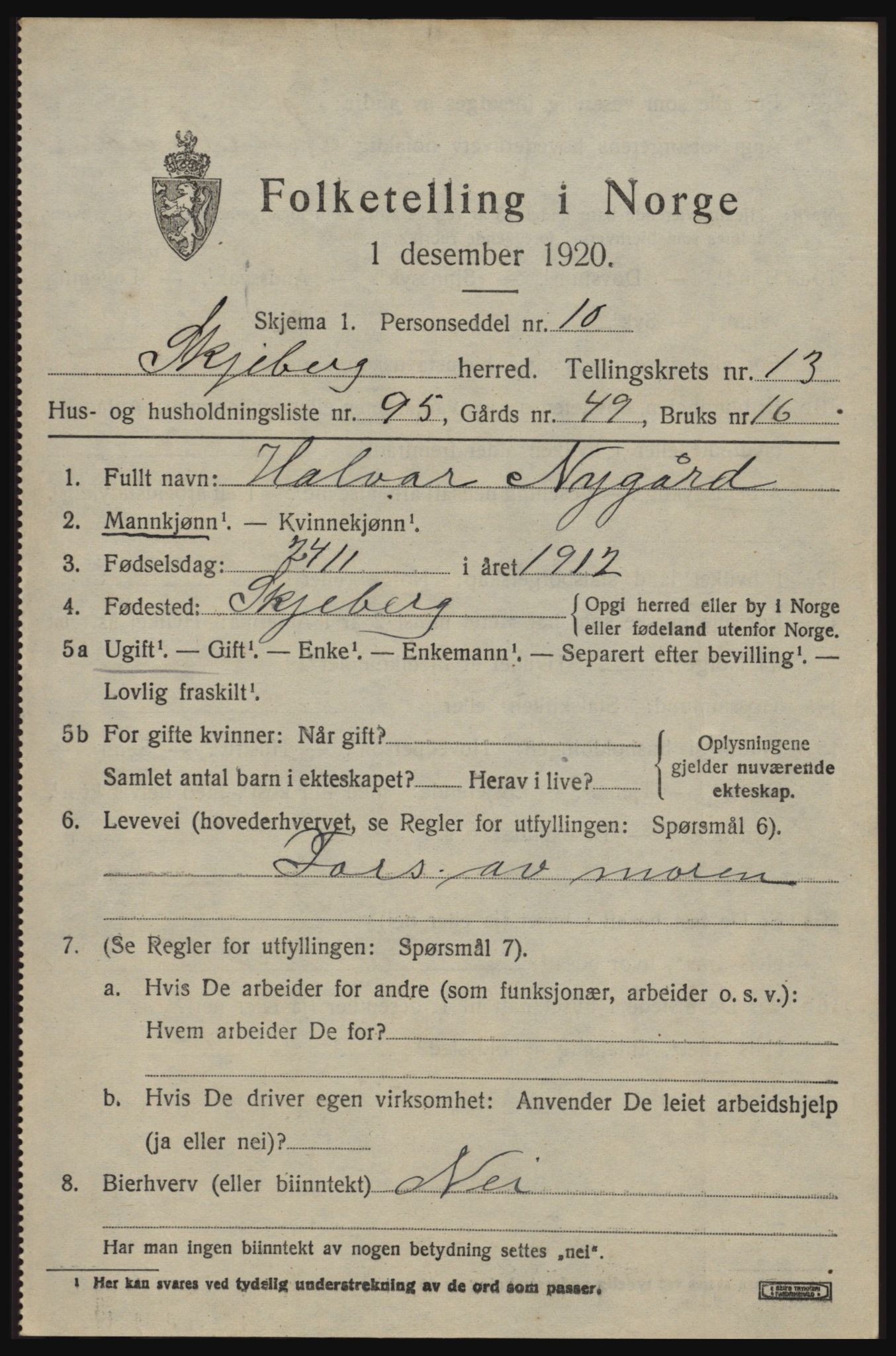 SAO, 1920 census for Skjeberg, 1920, p. 12979