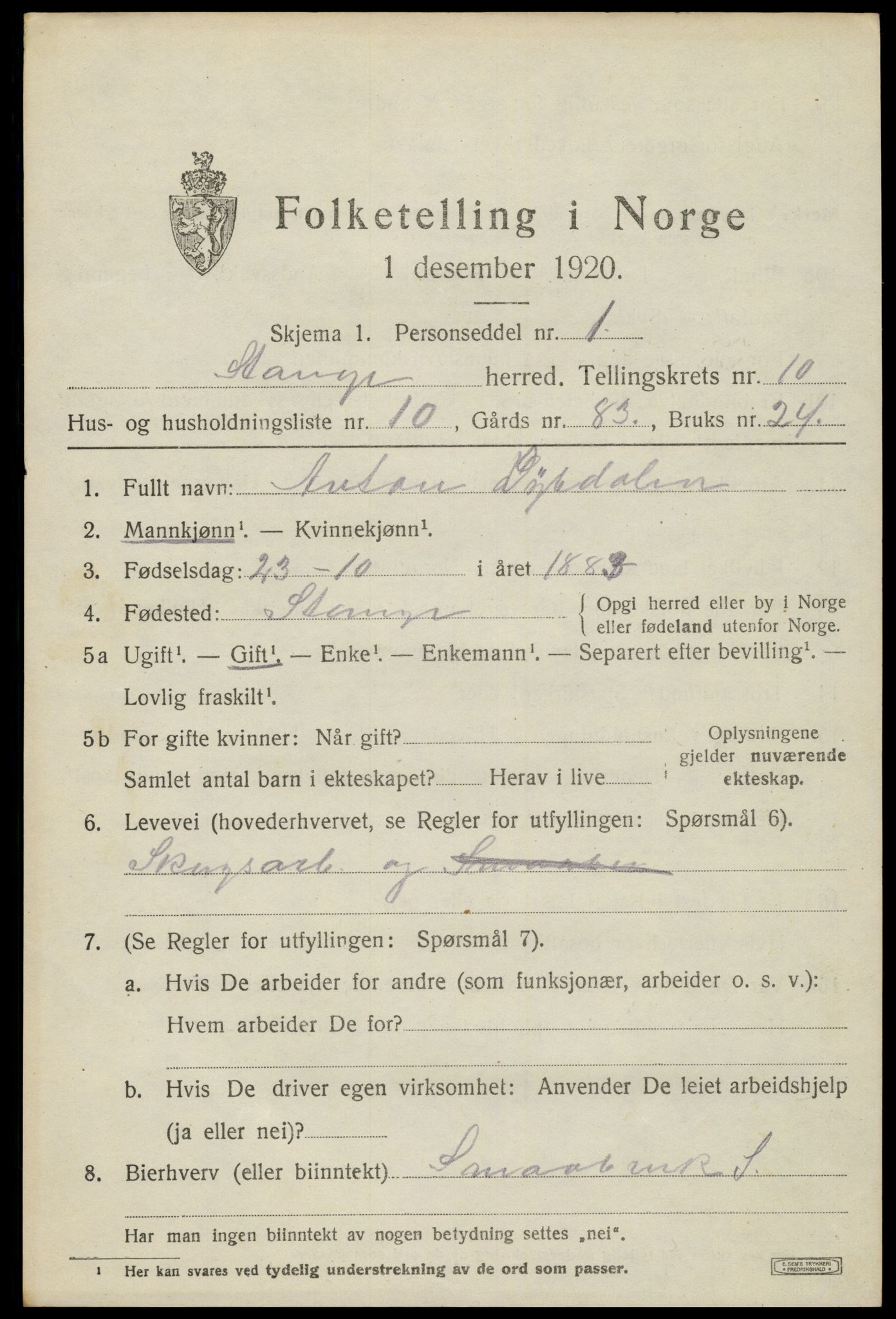 SAH, 1920 census for Stange, 1920, p. 15971