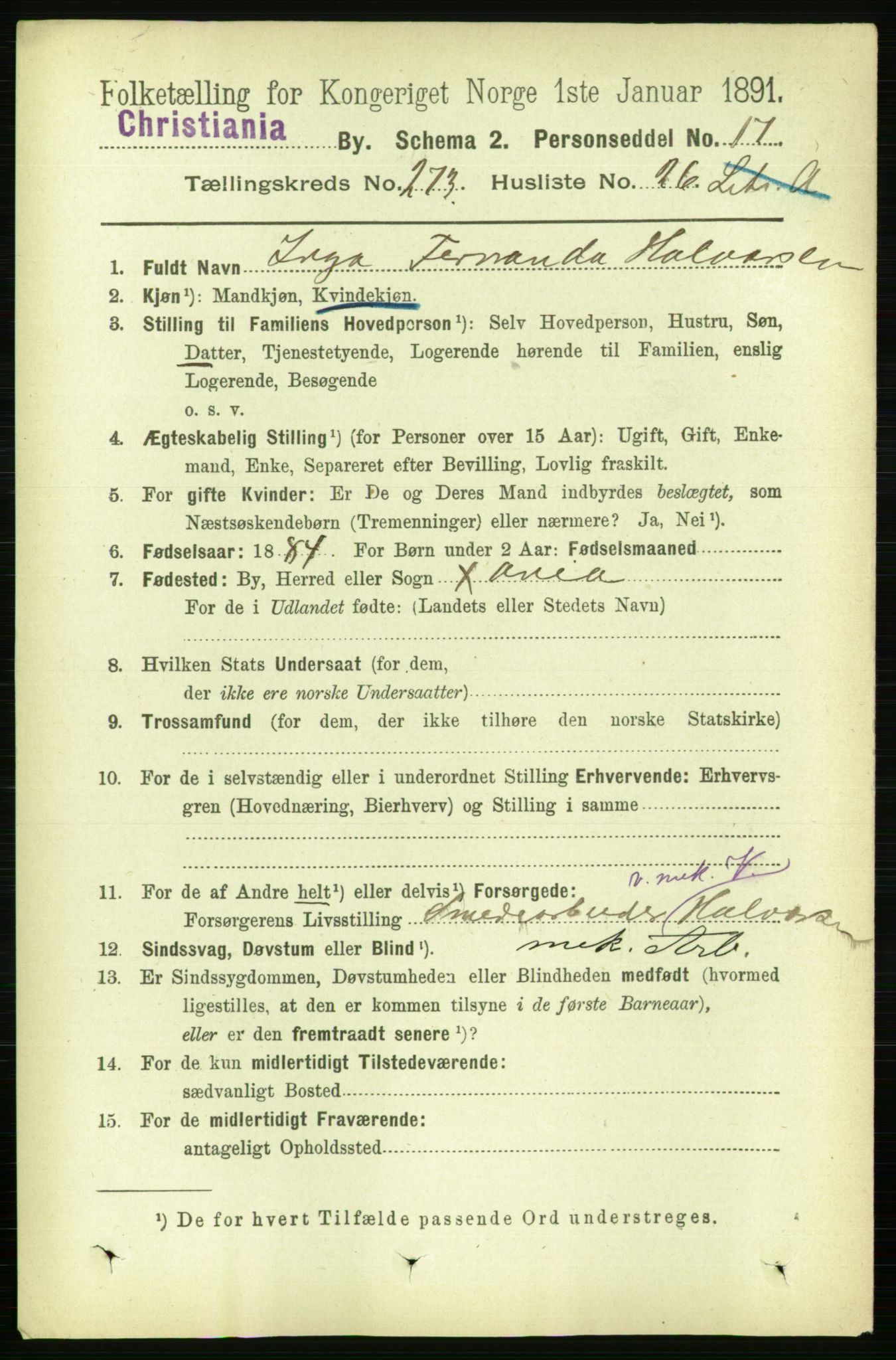 RA, 1891 census for 0301 Kristiania, 1891, p. 166283