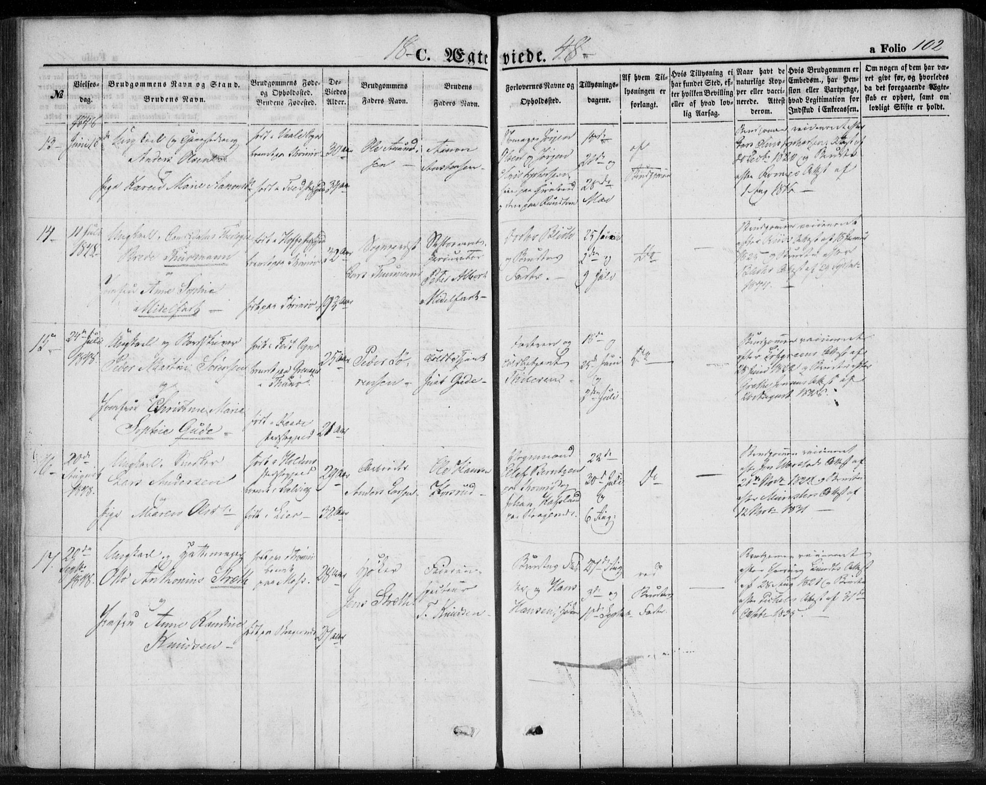 Strømsø kirkebøker, AV/SAKO-A-246/F/Fa/L0017: Parish register (official) no. I 17, 1848-1865, p. 102