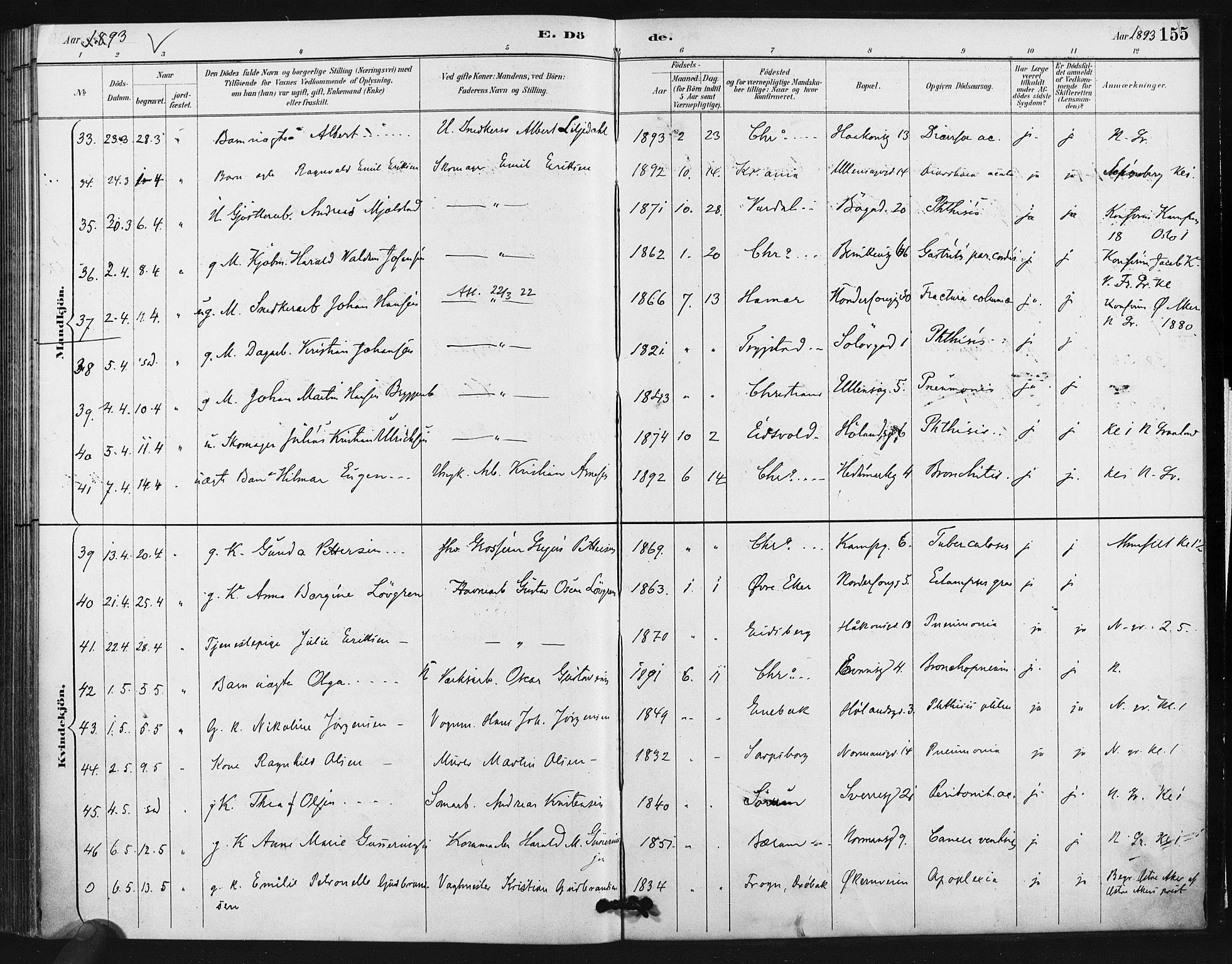 Kampen prestekontor Kirkebøker, AV/SAO-A-10853/F/Fa/L0006: Parish register (official) no. I 6, 1889-1896, p. 155