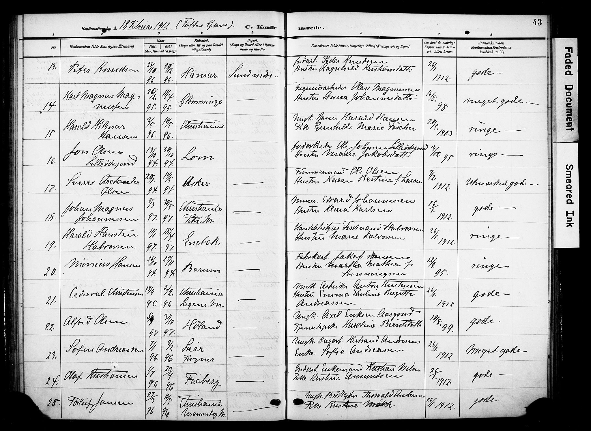 Nes prestekontor, Hedmark, AV/SAH-PREST-020/K/Ka/L0012: Parish register (official) no. 12, 1906-1920, p. 43