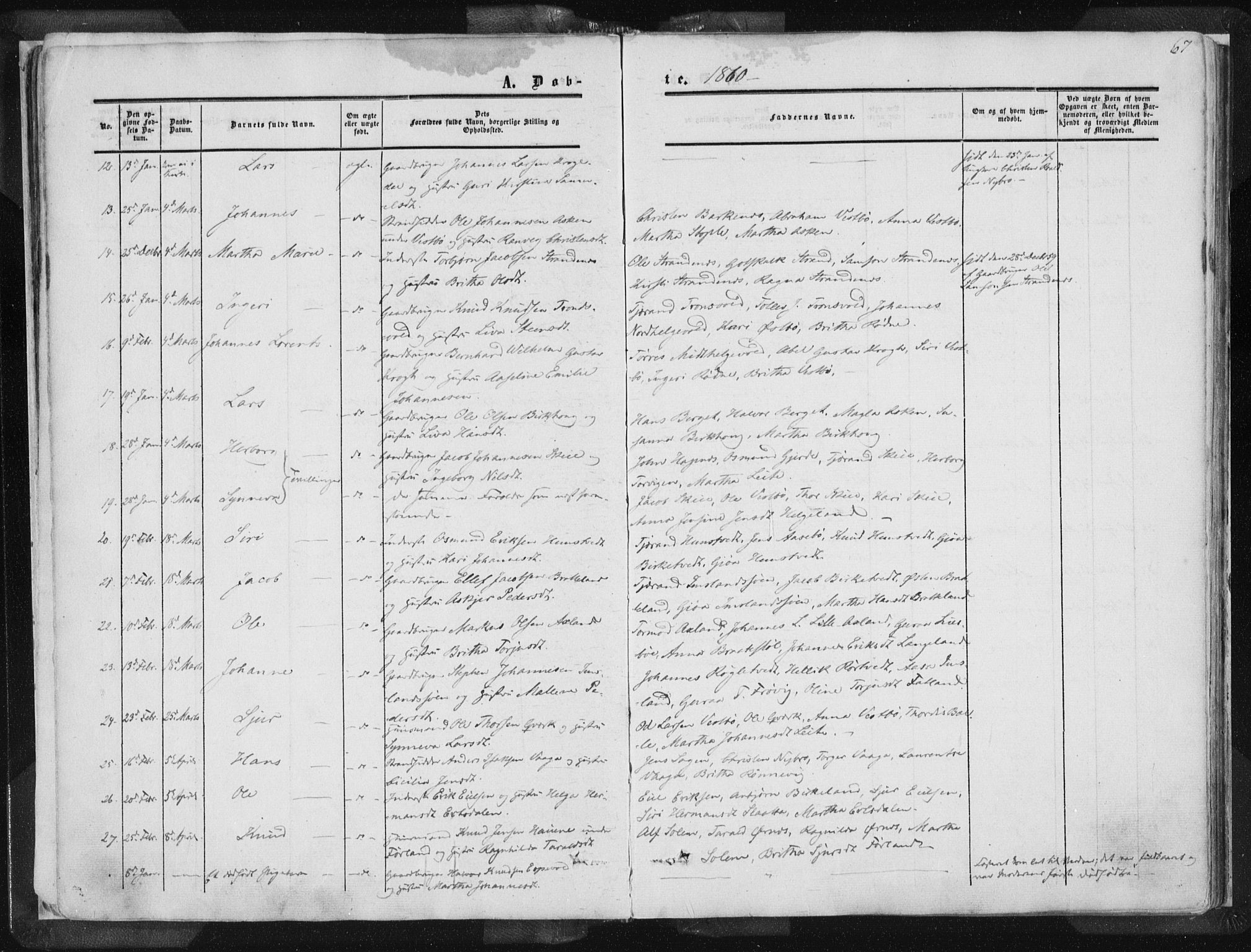 Vikedal sokneprestkontor, AV/SAST-A-101840/01/IV: Parish register (official) no. A 6.1, 1851-1867, p. 67