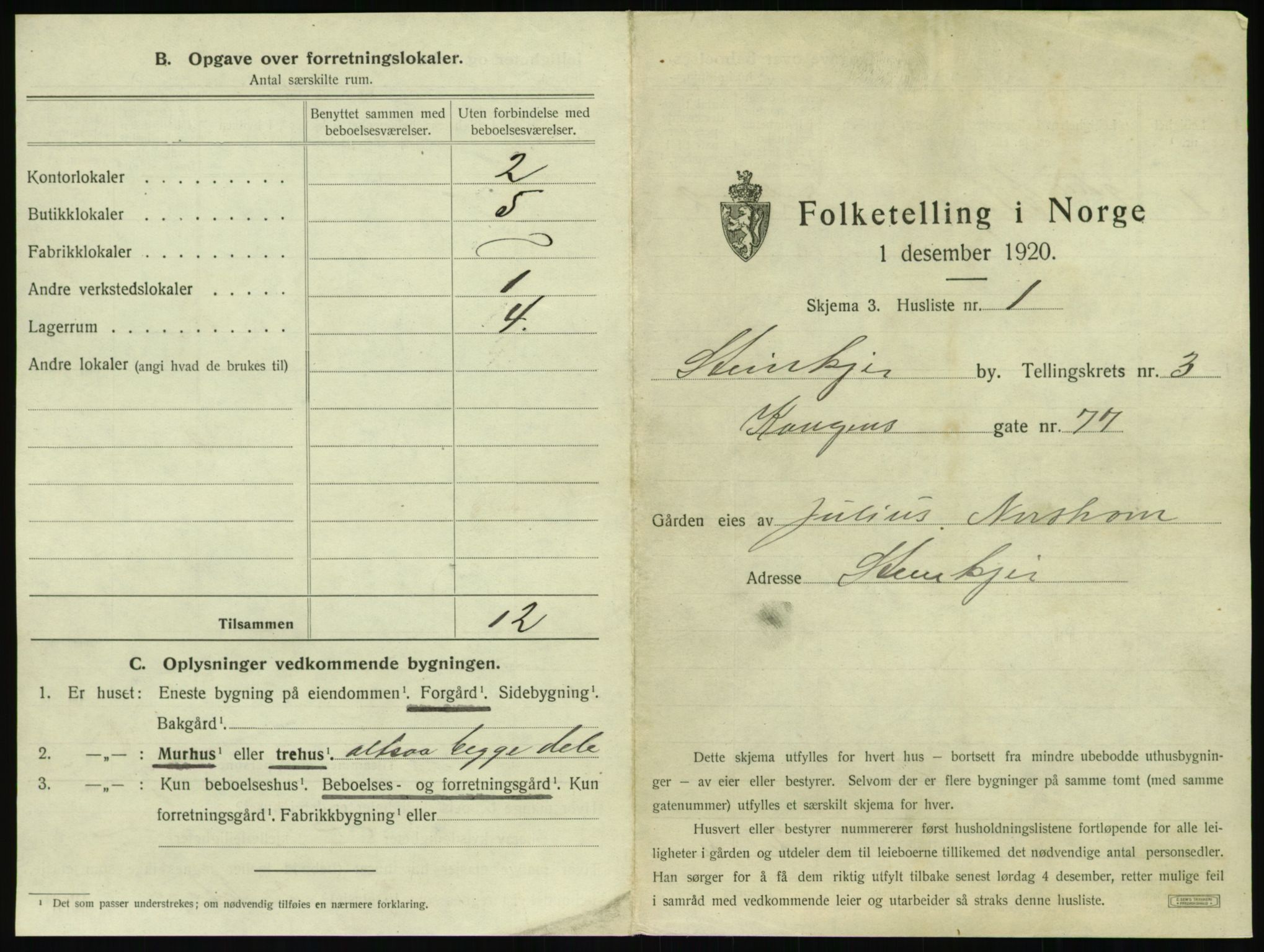 SAT, 1920 census for Steinkjer, 1920, p. 420