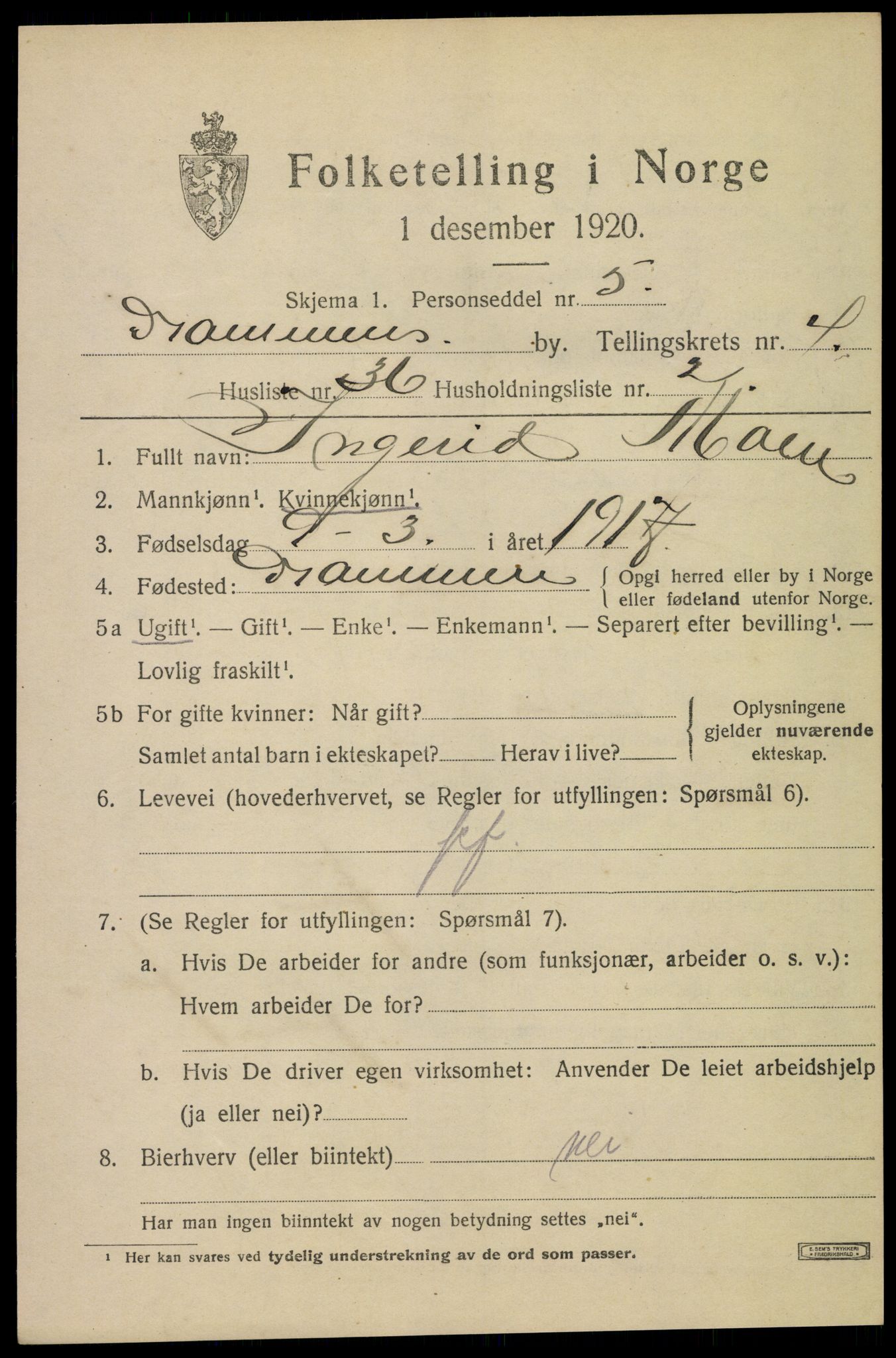 SAKO, 1920 census for Drammen, 1920, p. 33357