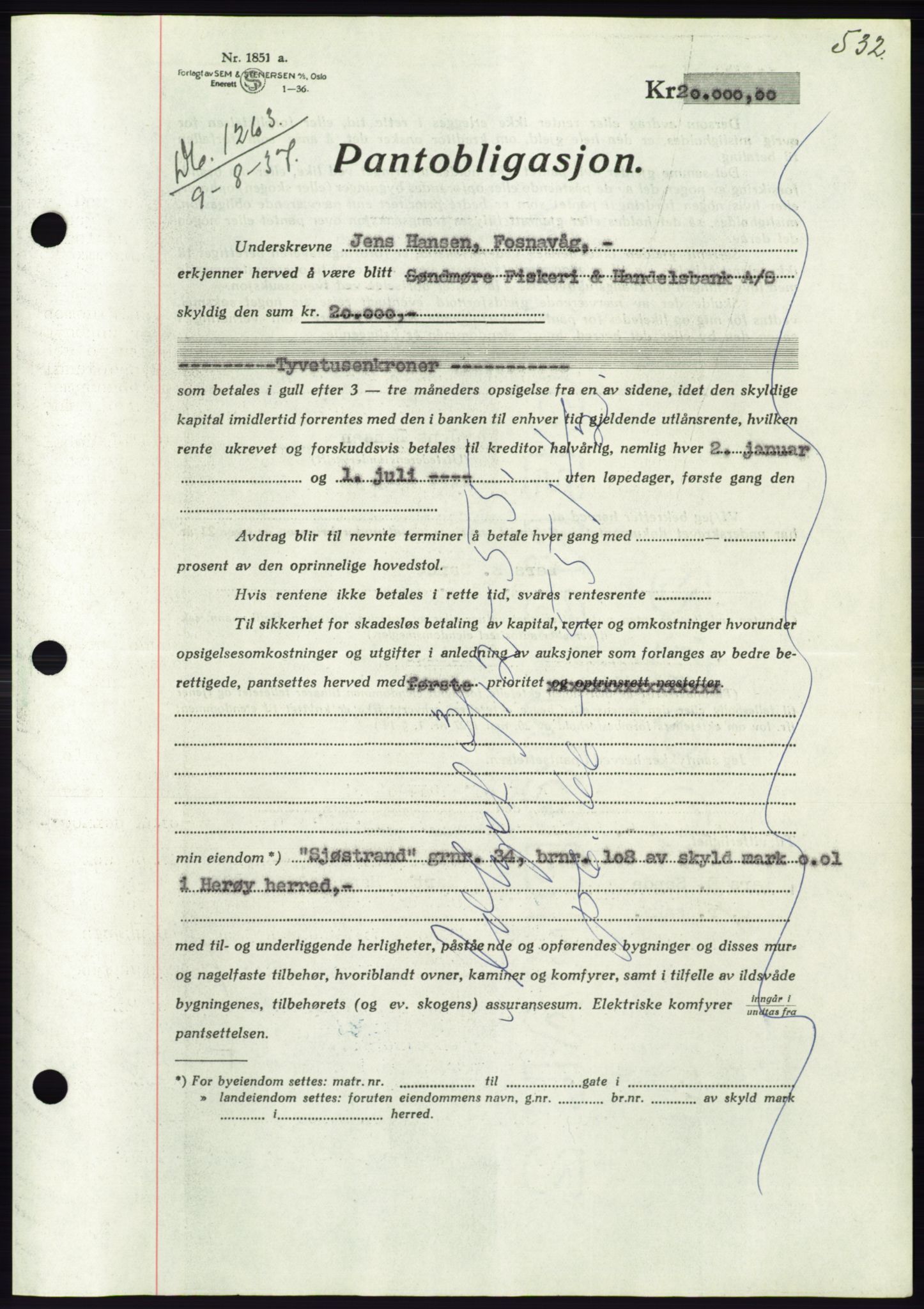 Søre Sunnmøre sorenskriveri, AV/SAT-A-4122/1/2/2C/L0063: Mortgage book no. 57, 1937-1937, Diary no: : 1263/1937