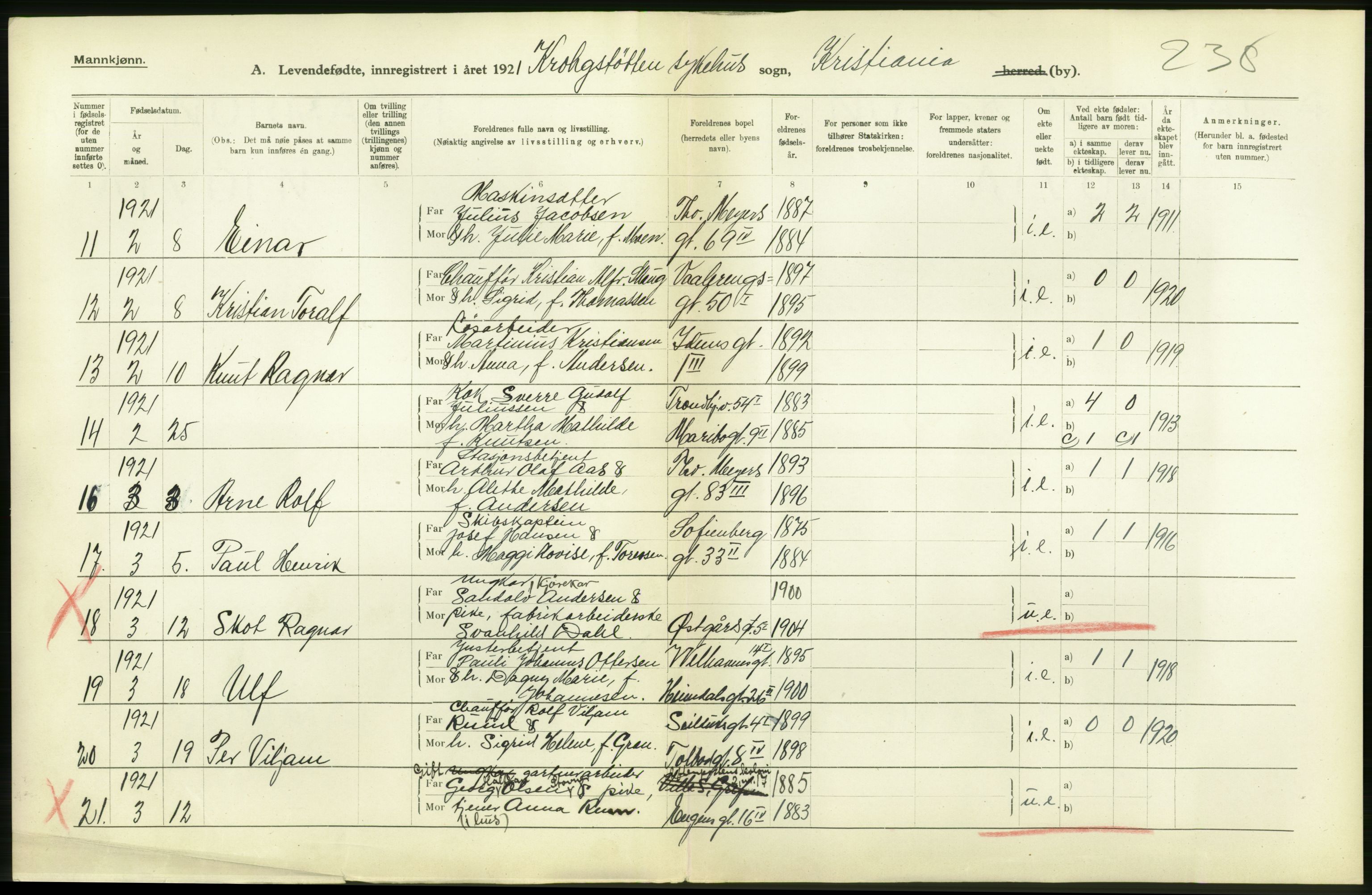 Statistisk sentralbyrå, Sosiodemografiske emner, Befolkning, AV/RA-S-2228/D/Df/Dfc/Dfca/L0009: Kristiania: Levendefødte menn og kvinner., 1921, p. 4