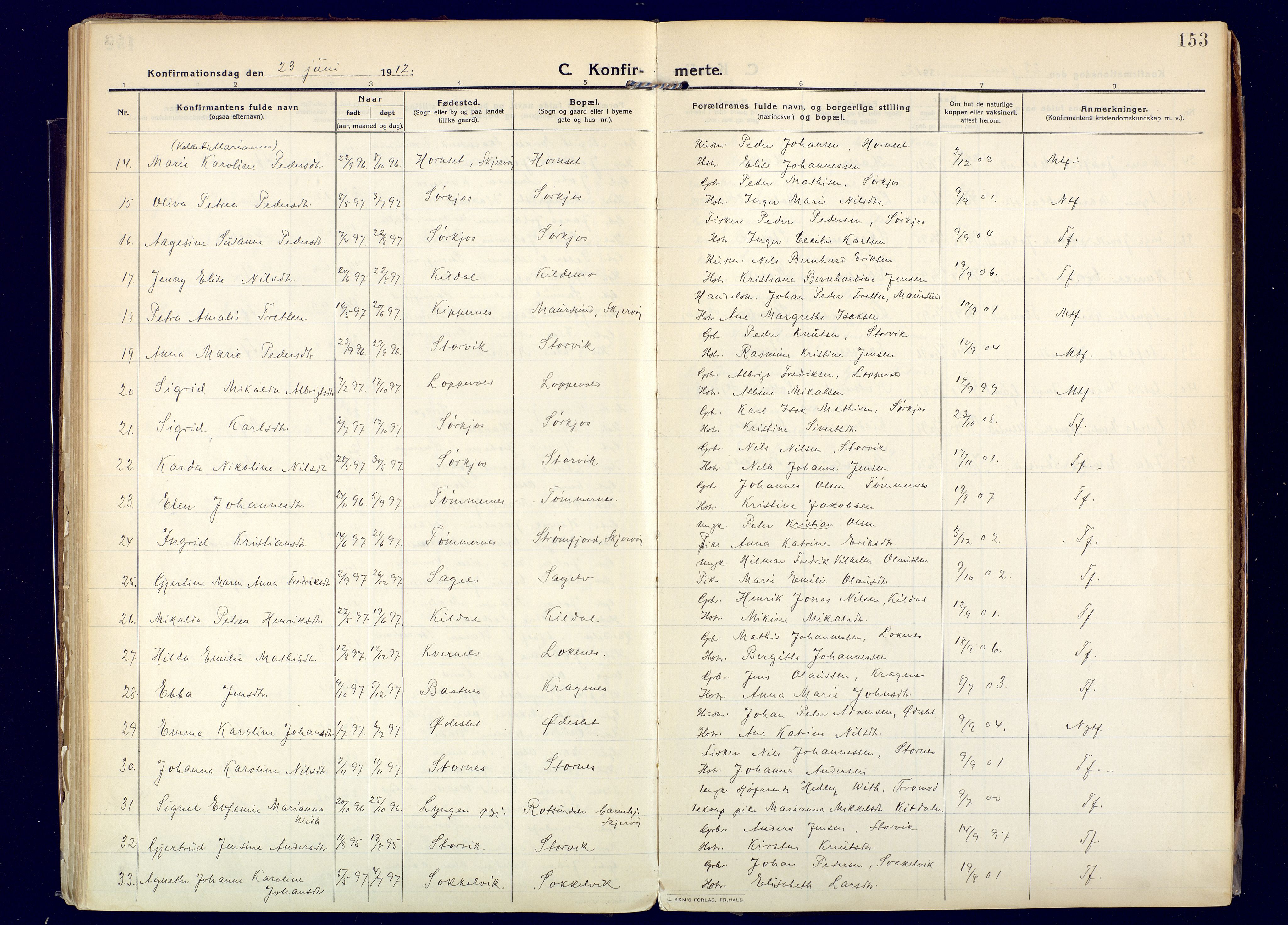 Skjervøy sokneprestkontor, AV/SATØ-S-1300/H/Ha/Haa: Parish register (official) no. 20, 1911-1931, p. 153