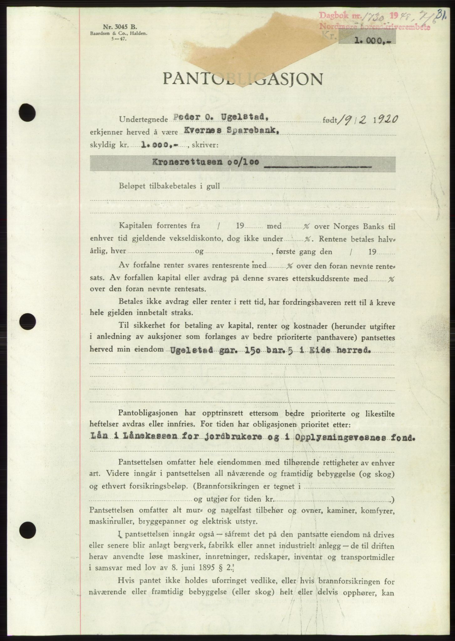 Nordmøre sorenskriveri, AV/SAT-A-4132/1/2/2Ca: Mortgage book no. B99, 1948-1948, Diary no: : 1730/1948