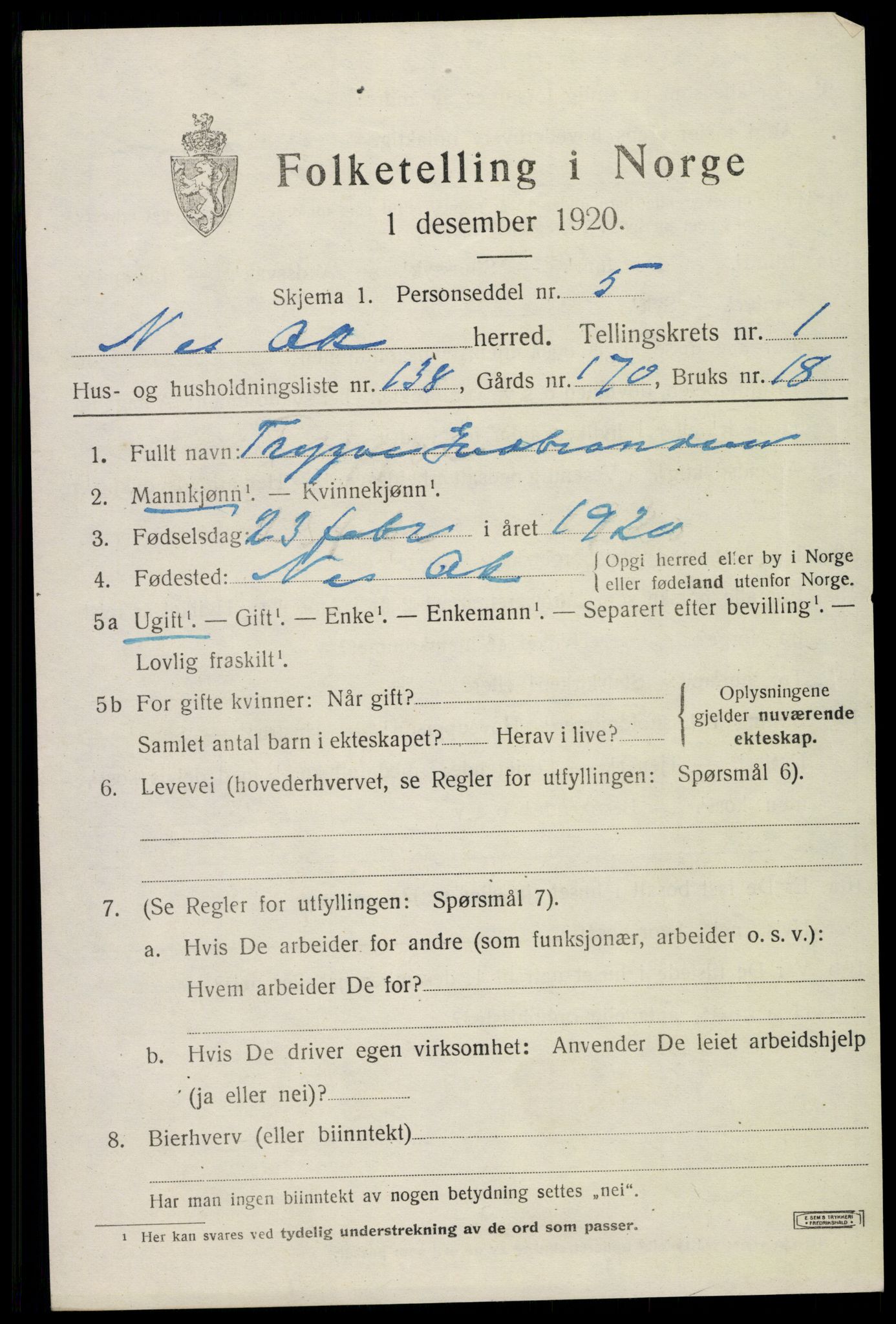 SAO, 1920 census for Nes, 1920, p. 5112