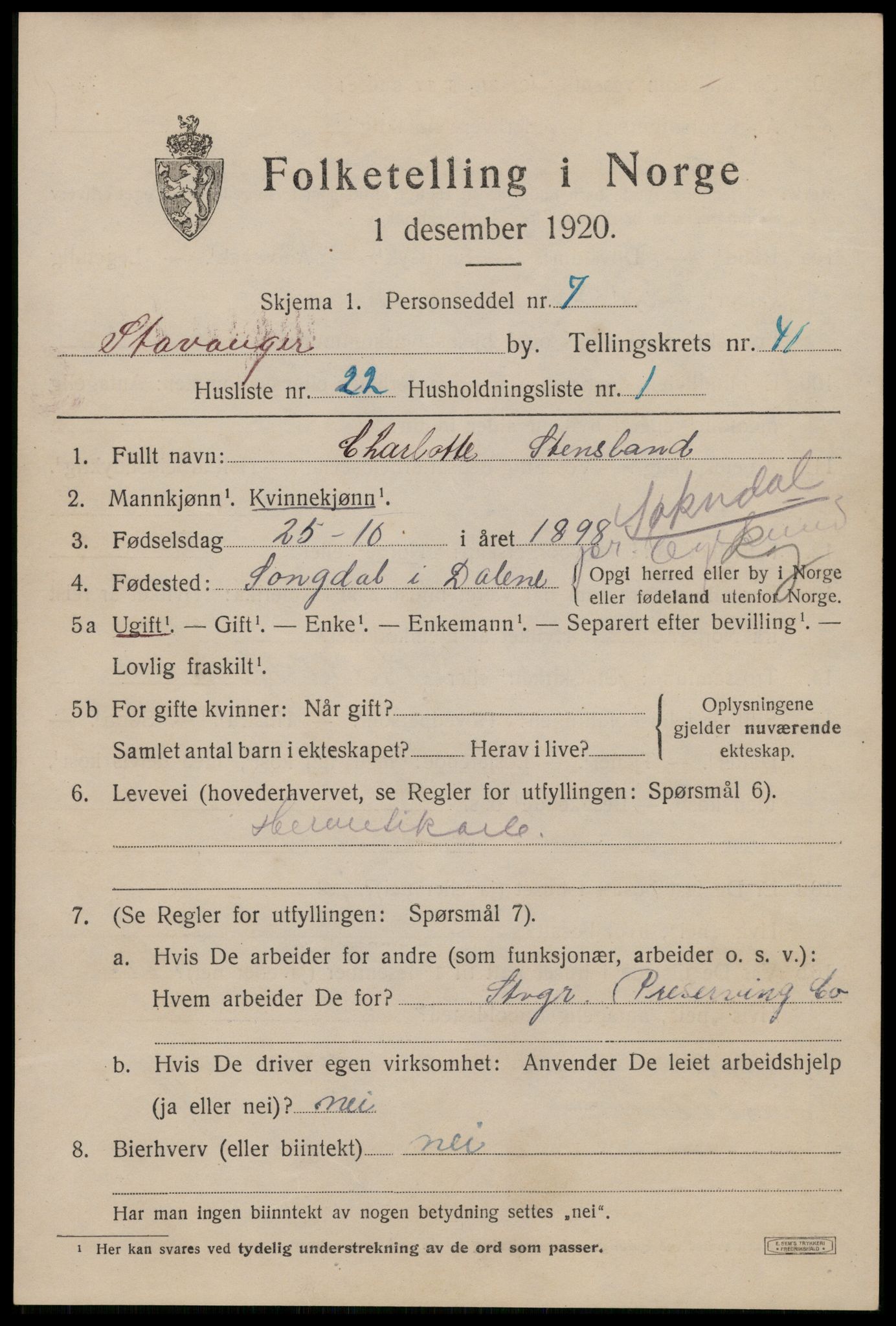 SAST, 1920 census for Stavanger, 1920, p. 103840