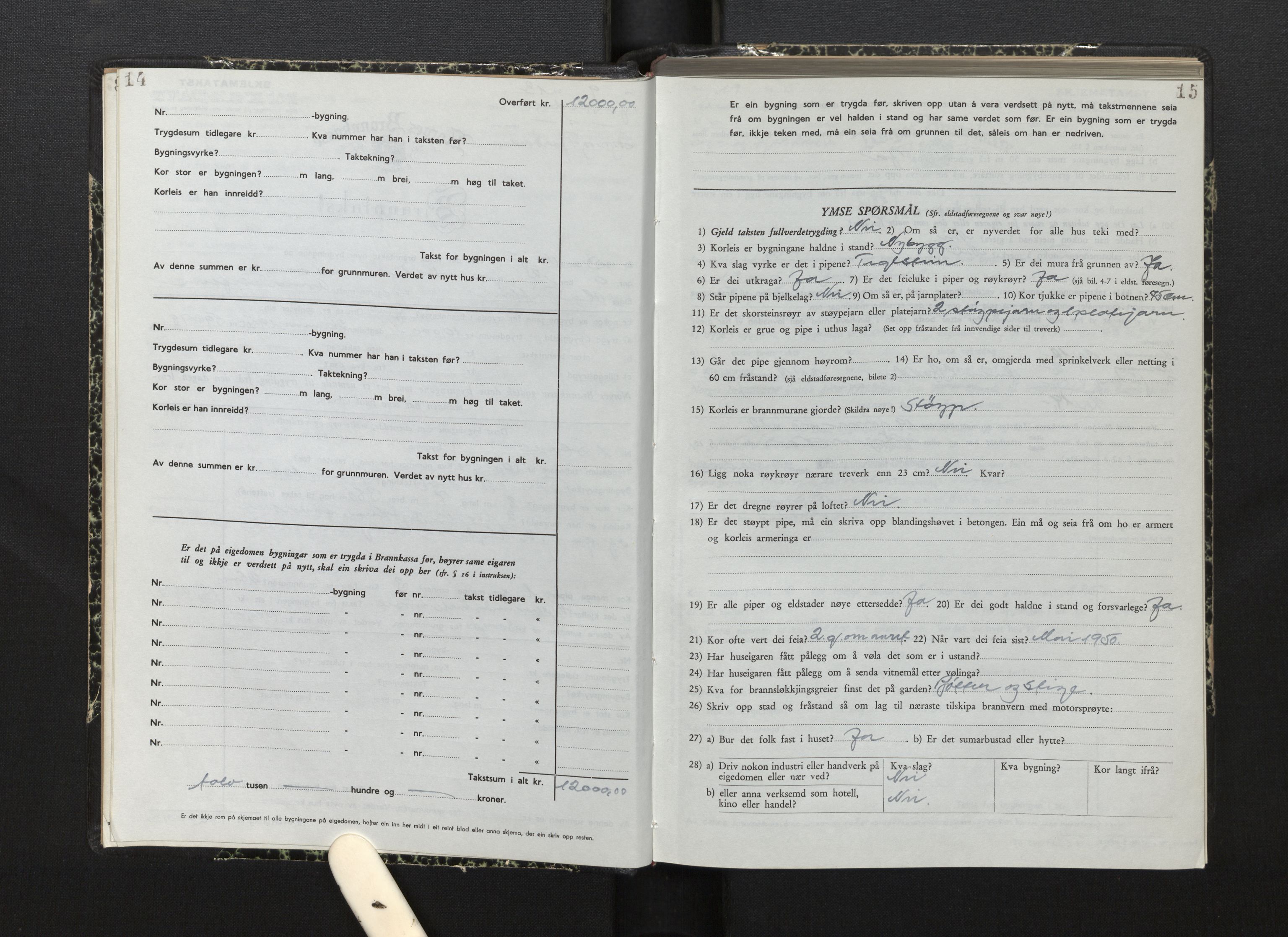 Lensmannen i Jostedal, SAB/A-28601/0012/L0007: Branntakstprotokoll, skjematakst, 1949-1955, p. 14-15