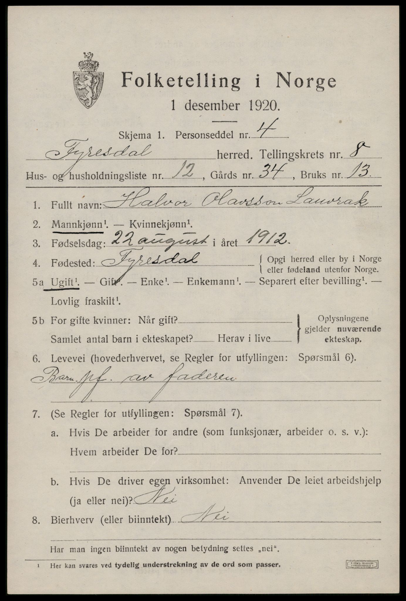 SAKO, 1920 census for Fyresdal, 1920, p. 3423