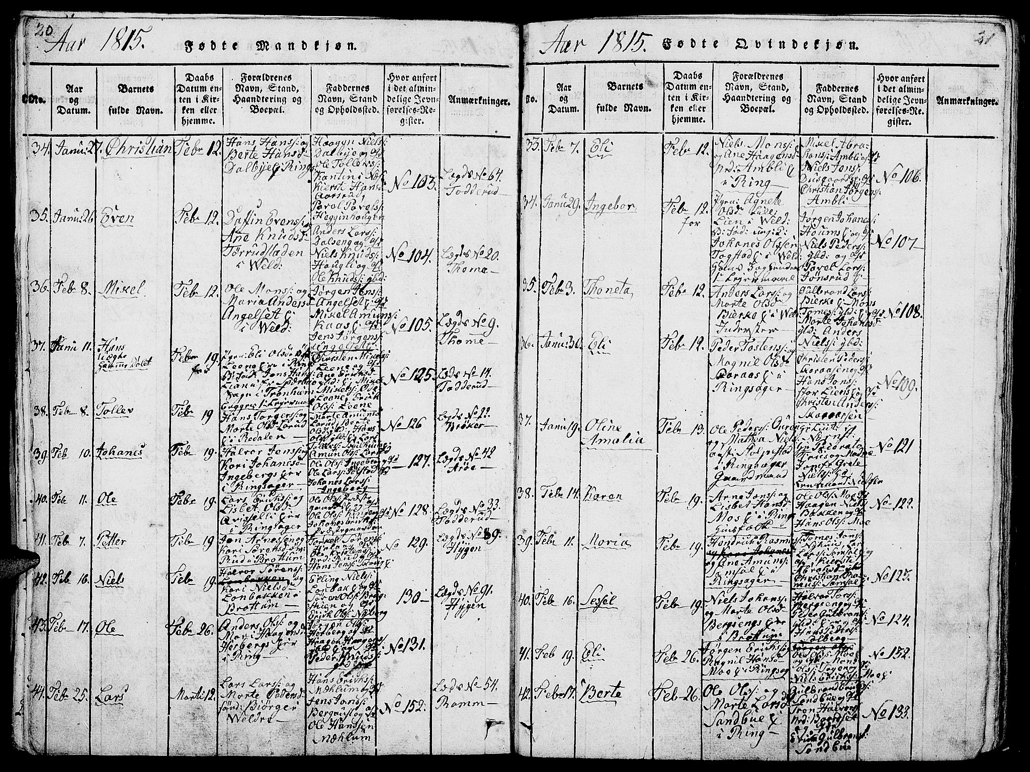 Ringsaker prestekontor, AV/SAH-PREST-014/L/La/L0001: Parish register (copy) no. 1, 1814-1826, p. 20-21