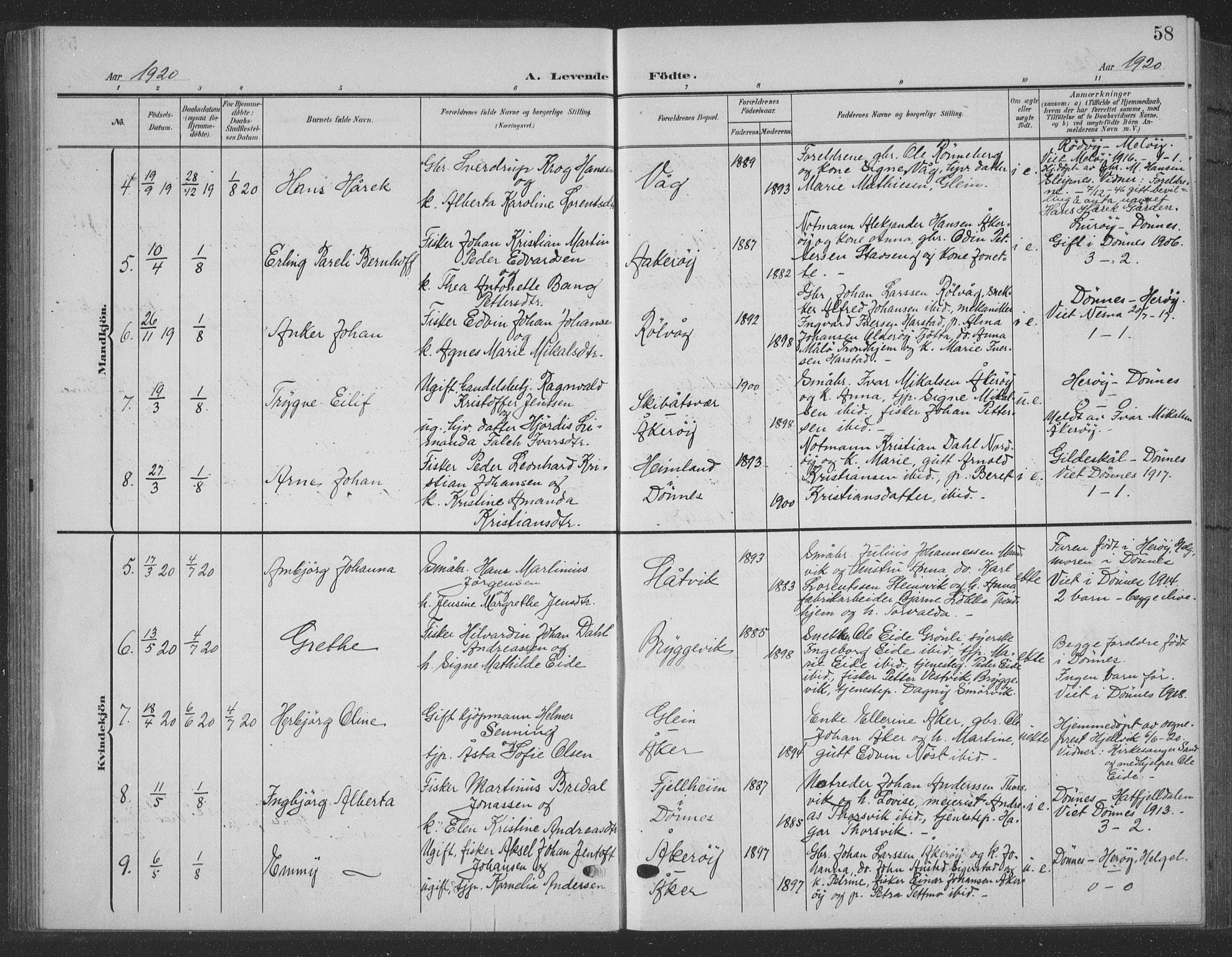 Ministerialprotokoller, klokkerbøker og fødselsregistre - Nordland, AV/SAT-A-1459/835/L0533: Parish register (copy) no. 835C05, 1906-1939, p. 58