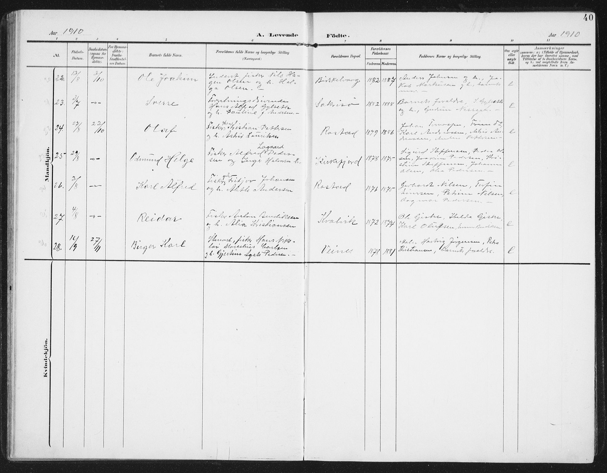 Ministerialprotokoller, klokkerbøker og fødselsregistre - Nordland, AV/SAT-A-1459/886/L1221: Parish register (official) no. 886A03, 1903-1913, p. 40