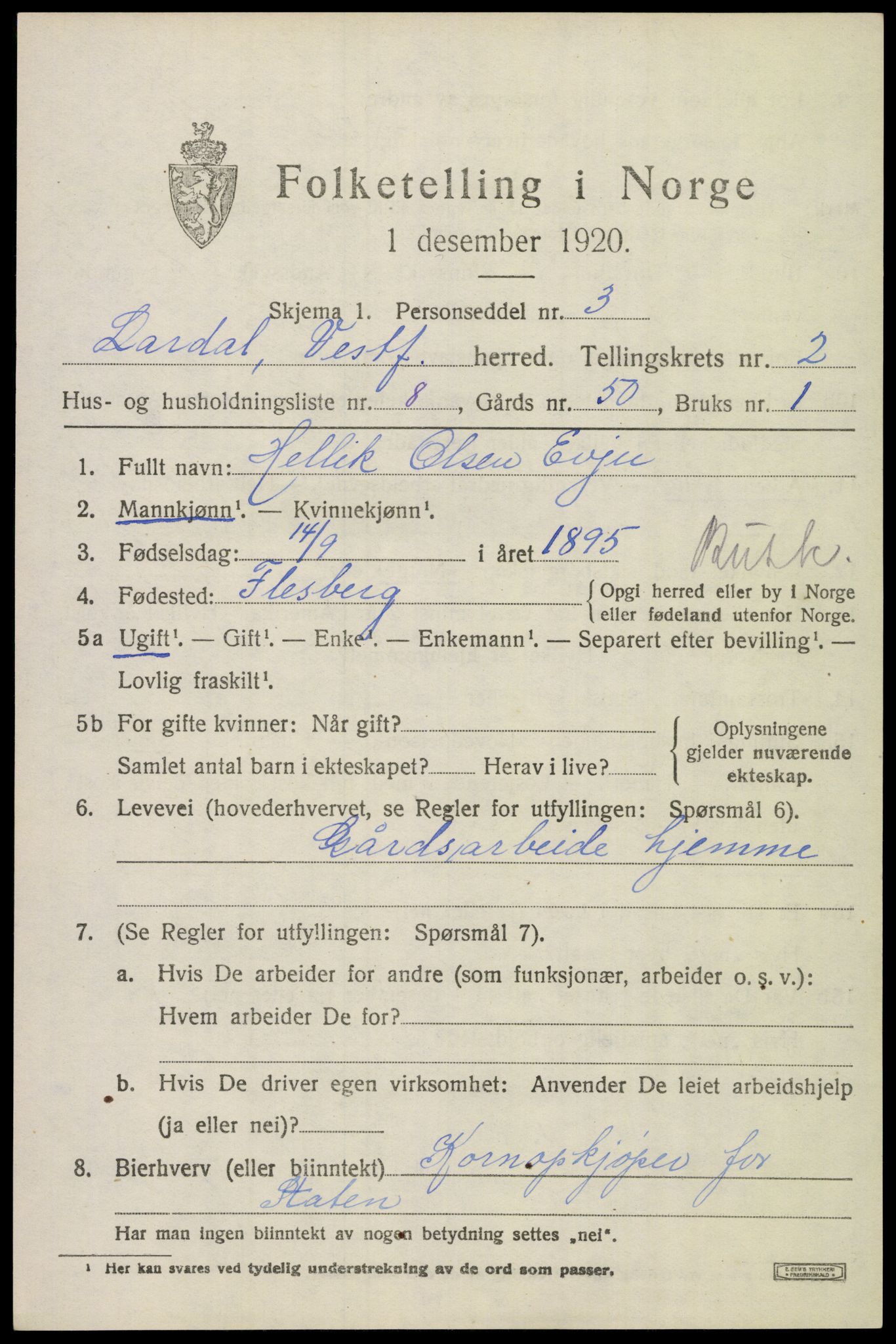 SAKO, 1920 census for Lardal, 1920, p. 2039