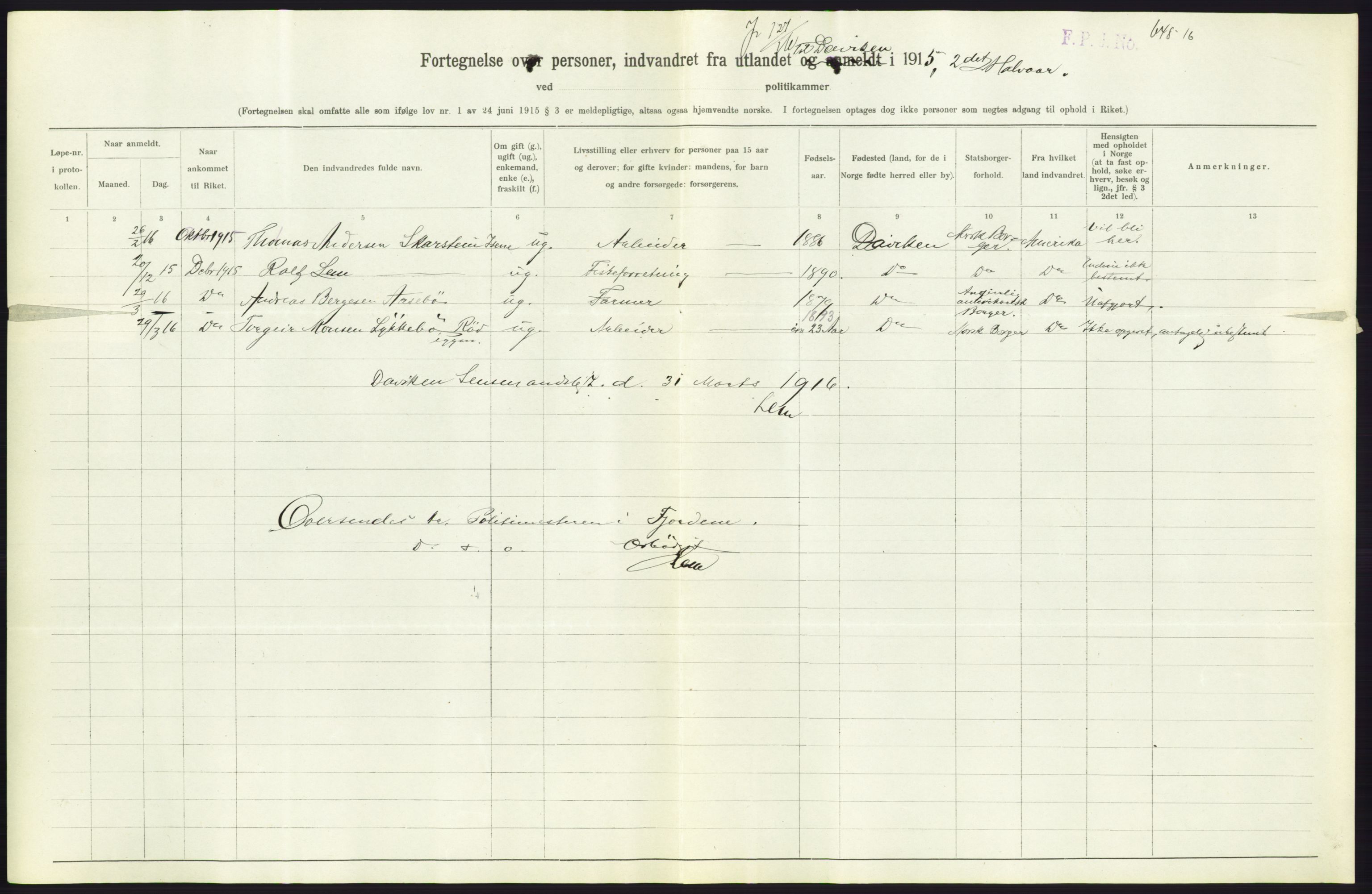 Statistisk sentralbyrå, Sosioøkonomiske emner, Folketellinger, boliger og boforhold, AV/RA-S-2231/F/Fa/L0001: Innvandring. Navn/fylkesvis, 1915, p. 464