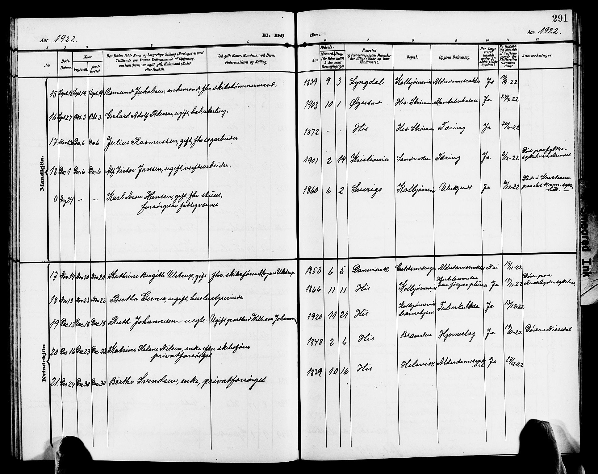 Hisøy sokneprestkontor, AV/SAK-1111-0020/F/Fb/L0004: Parish register (copy) no. B 4, 1905-1923, p. 291