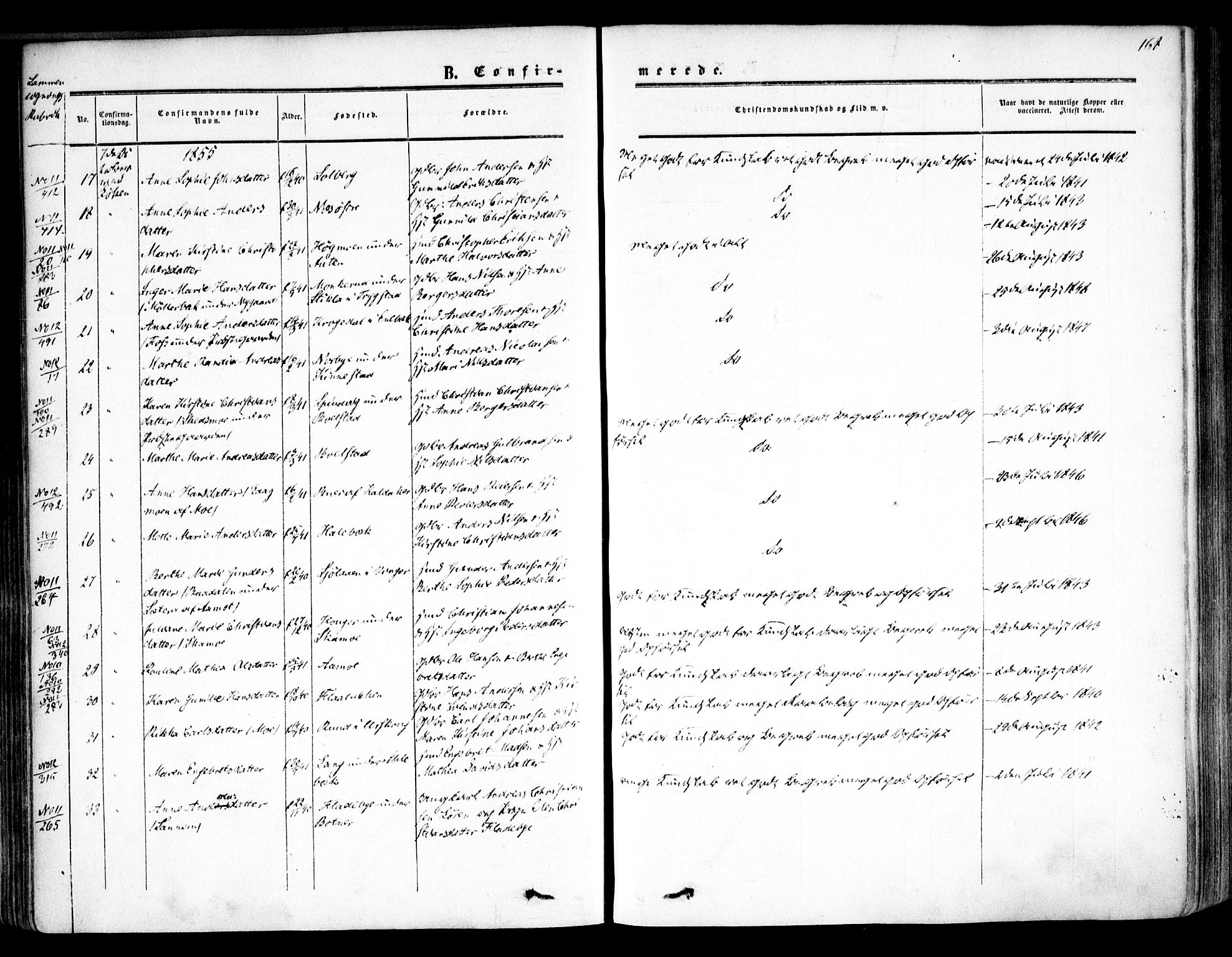 Høland prestekontor Kirkebøker, AV/SAO-A-10346a/F/Fa/L0010: Parish register (official) no. I 10, 1854-1861, p. 168