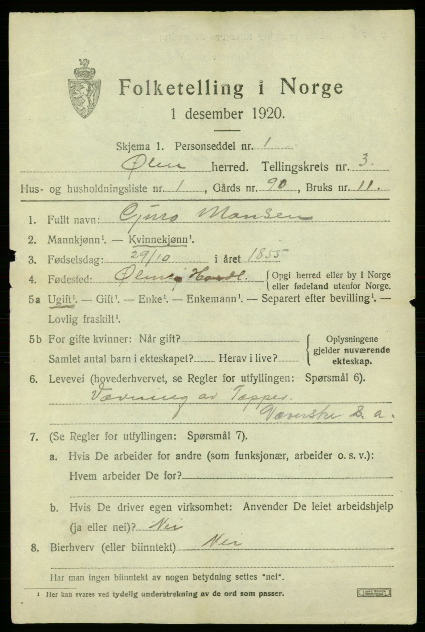 SAB, 1920 census for Ølen, 1920, p. 1555