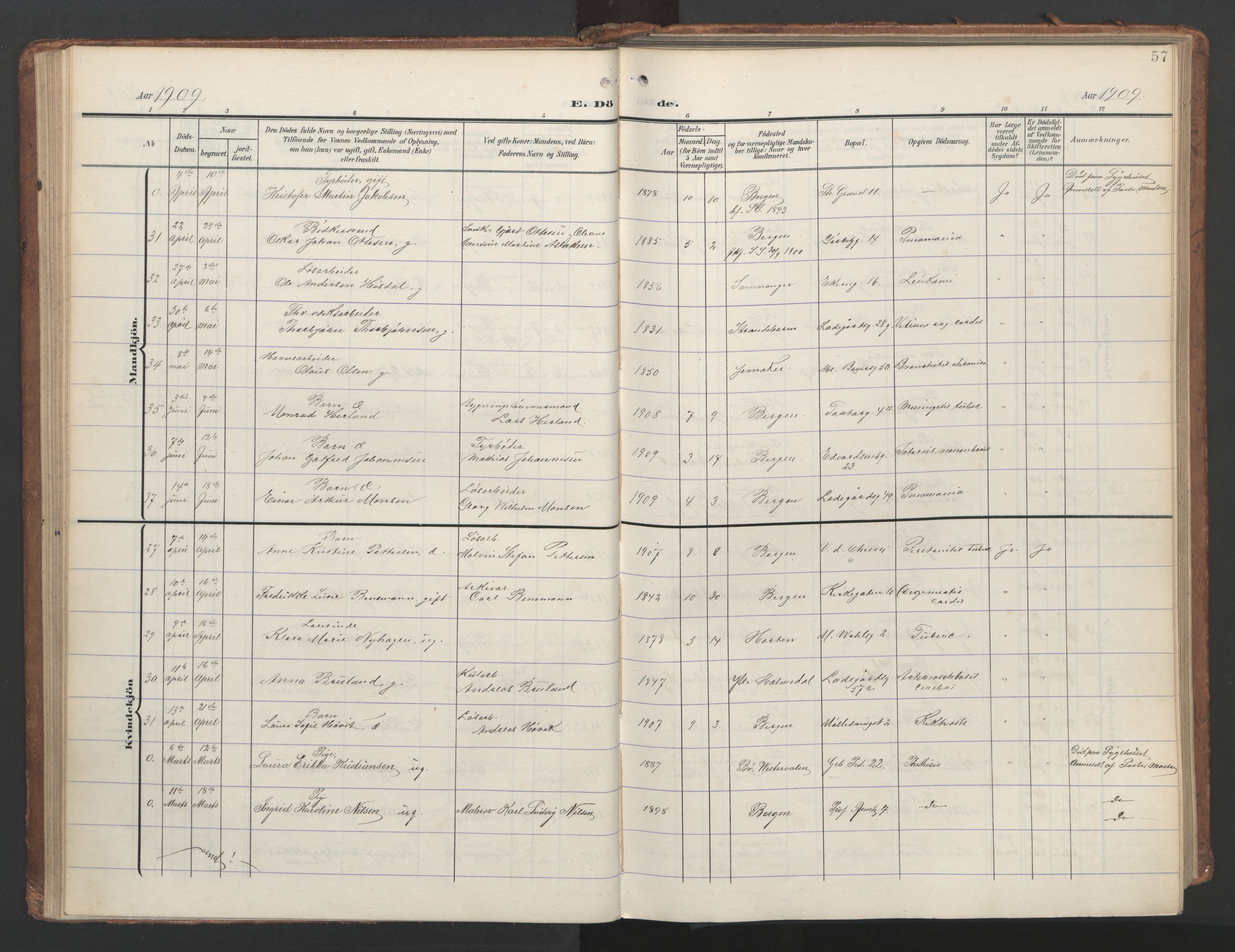 Sandviken Sokneprestembete, AV/SAB-A-77601/H/Ha/L0019: Parish register (official) no. E 2, 1905-1933, p. 57