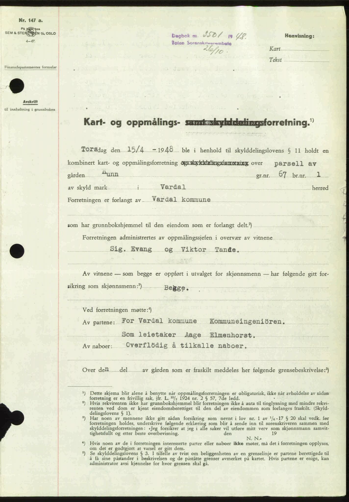 Toten tingrett, SAH/TING-006/H/Hb/Hbc/L0020: Mortgage book no. Hbc-20, 1948-1948, Diary no: : 3501/1948