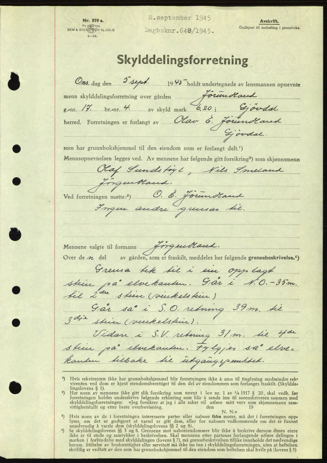 Nedenes sorenskriveri, SAK/1221-0006/G/Gb/Gba/L0052: Mortgage book no. A6a, 1944-1945, Diary no: : 648/1945