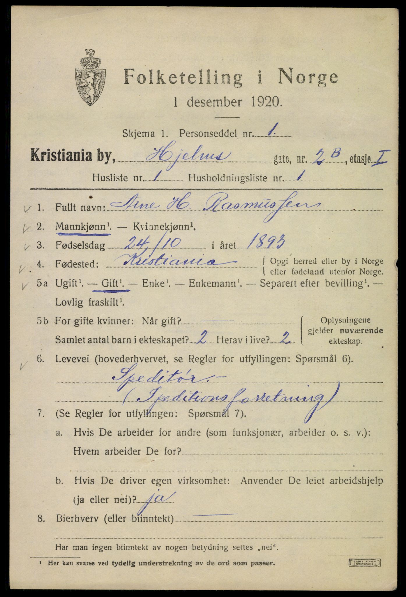 SAO, 1920 census for Kristiania, 1920, p. 294027