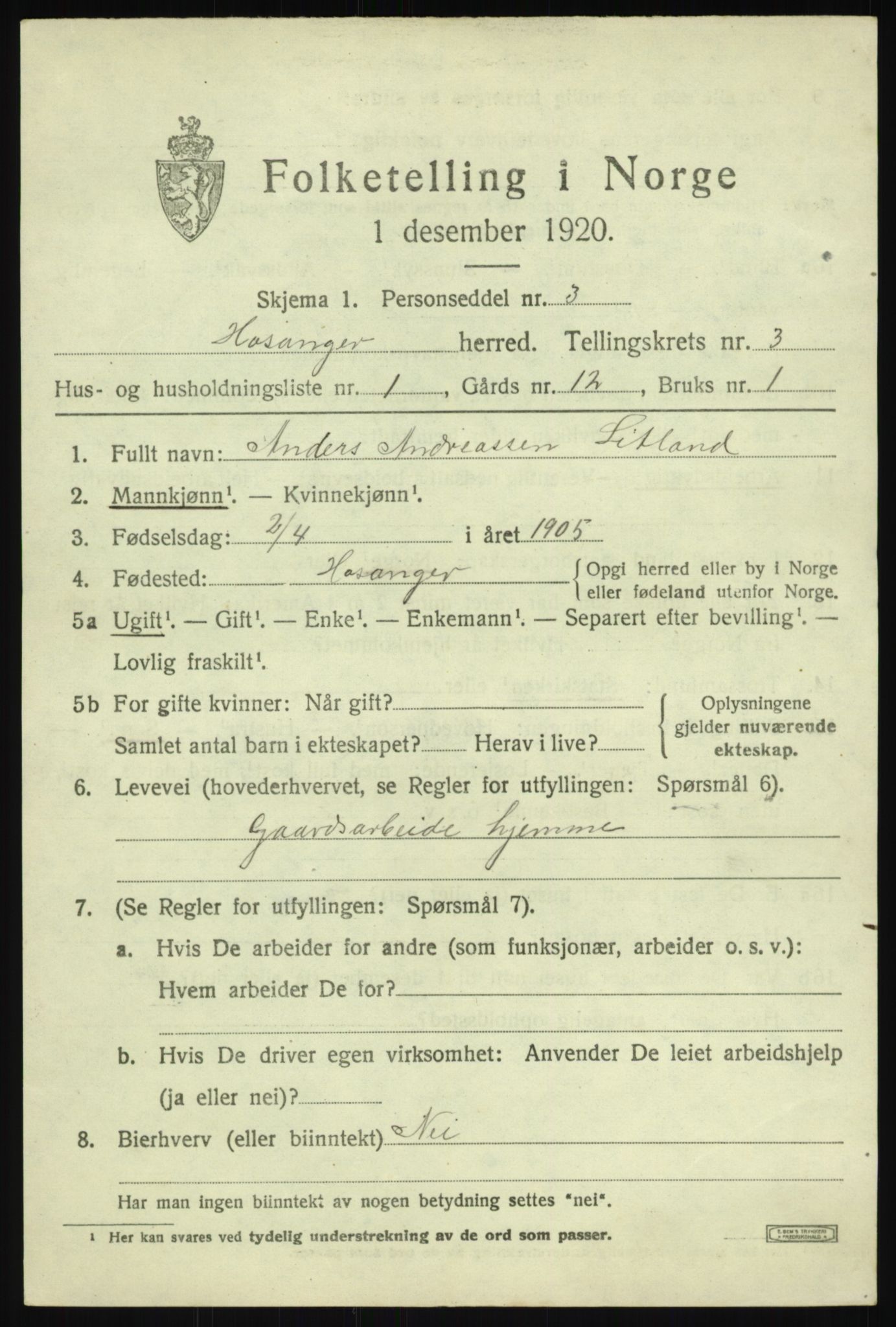 SAB, 1920 census for Hosanger, 1920, p. 1469