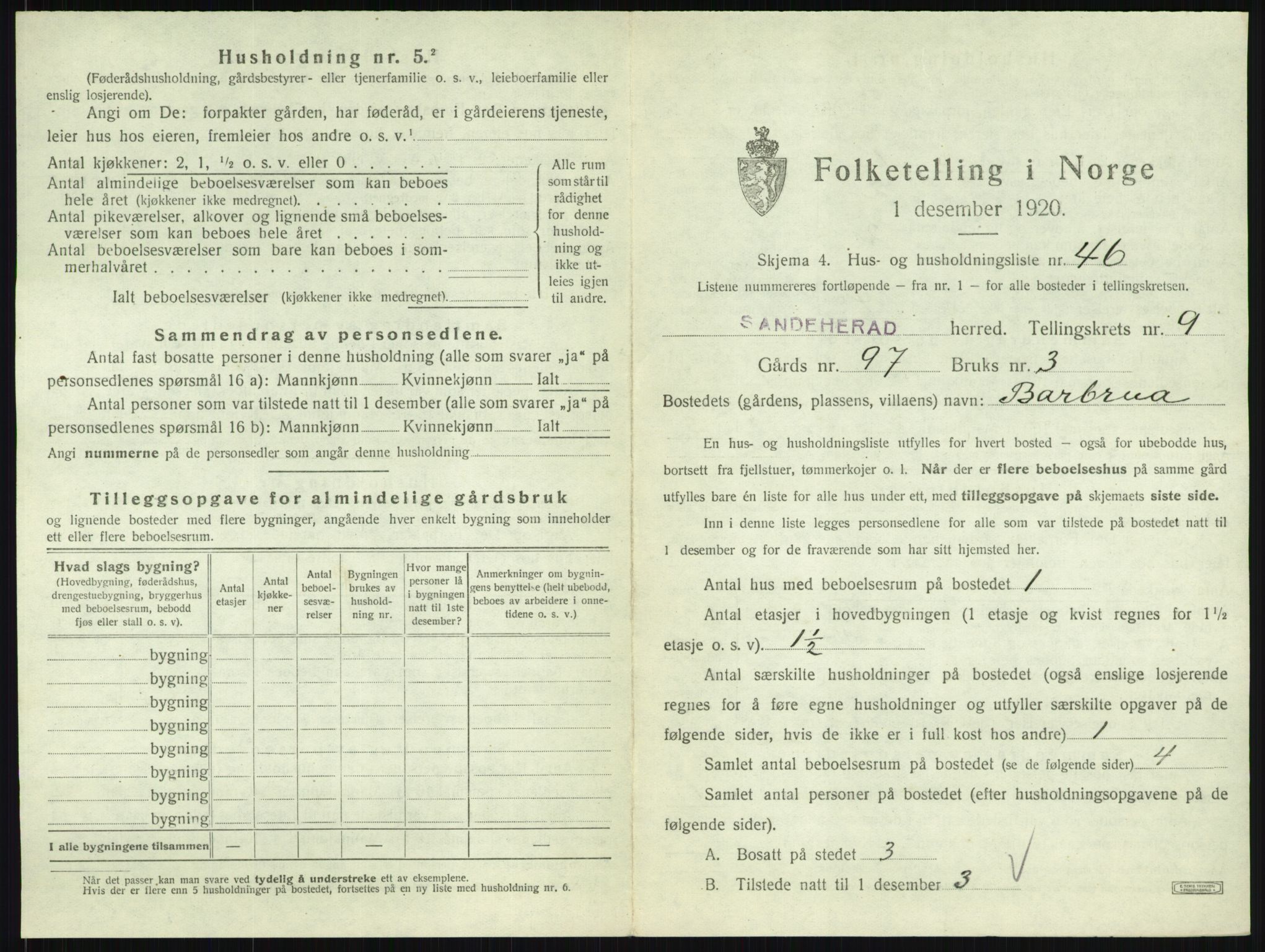 SAKO, 1920 census for Sandeherred, 1920, p. 2029