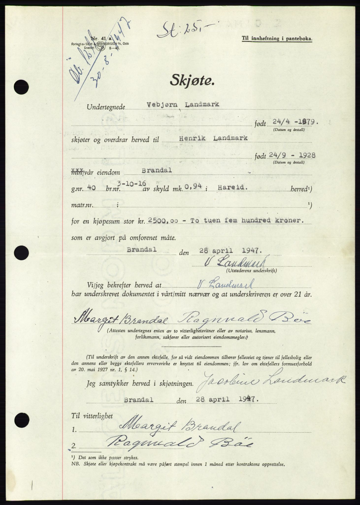 Søre Sunnmøre sorenskriveri, AV/SAT-A-4122/1/2/2C/L0081: Mortgage book no. 7A, 1947-1948, Diary no: : 1211/1947