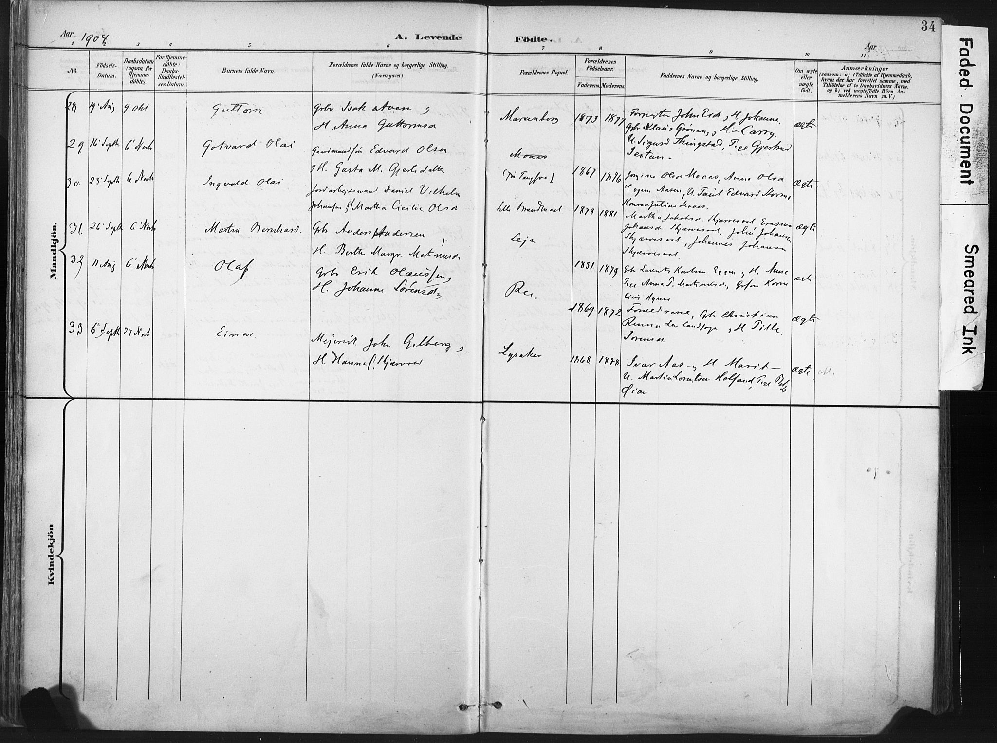 Ministerialprotokoller, klokkerbøker og fødselsregistre - Nord-Trøndelag, AV/SAT-A-1458/717/L0162: Parish register (official) no. 717A12, 1898-1923, p. 34