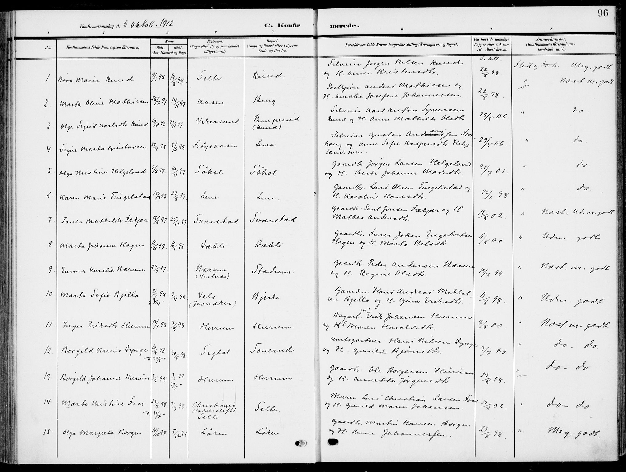 Hole kirkebøker, SAKO/A-228/F/Fa/L0010: Parish register (official) no. I 10, 1907-1917, p. 96