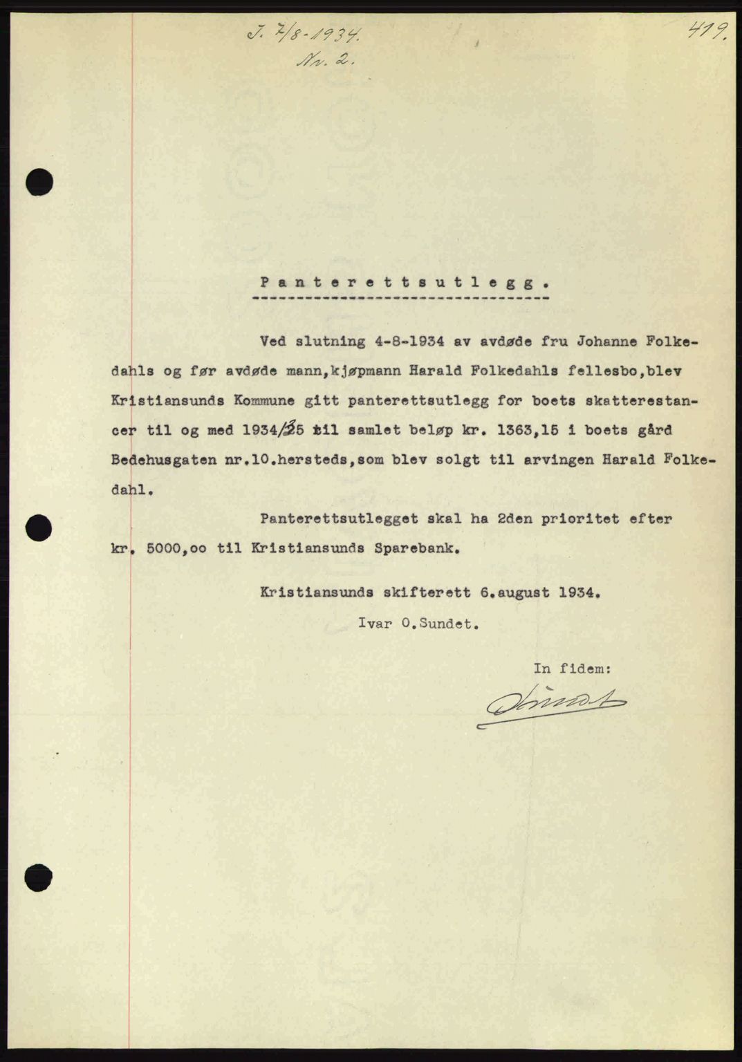 Kristiansund byfogd, AV/SAT-A-4587/A/27: Mortgage book no. 27, 1933-1934, Deed date: 07.08.1934