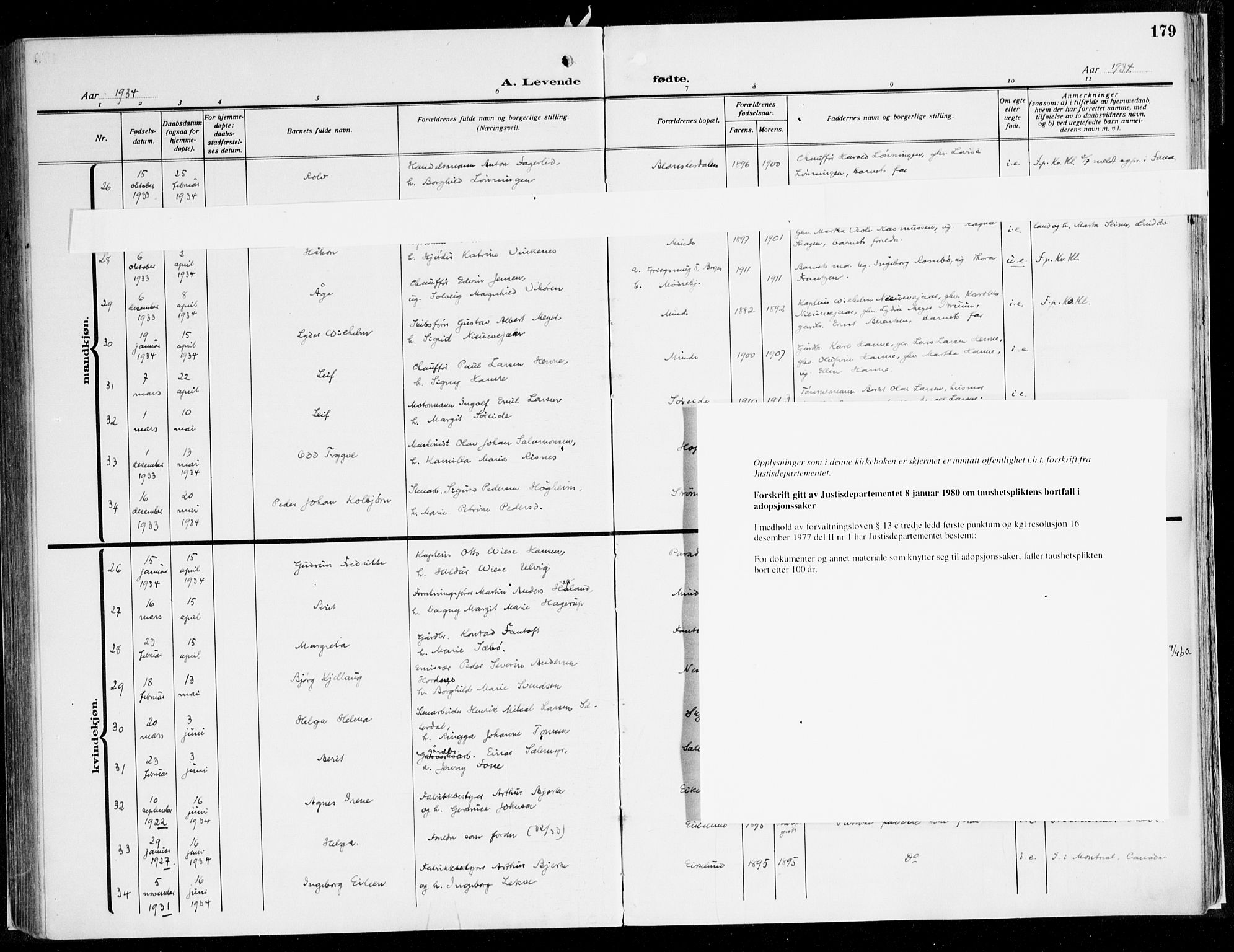 Fana Sokneprestembete, AV/SAB-A-75101/H/Haa/Haaj/L0001: Parish register (official) no. J 1, 1921-1935, p. 179