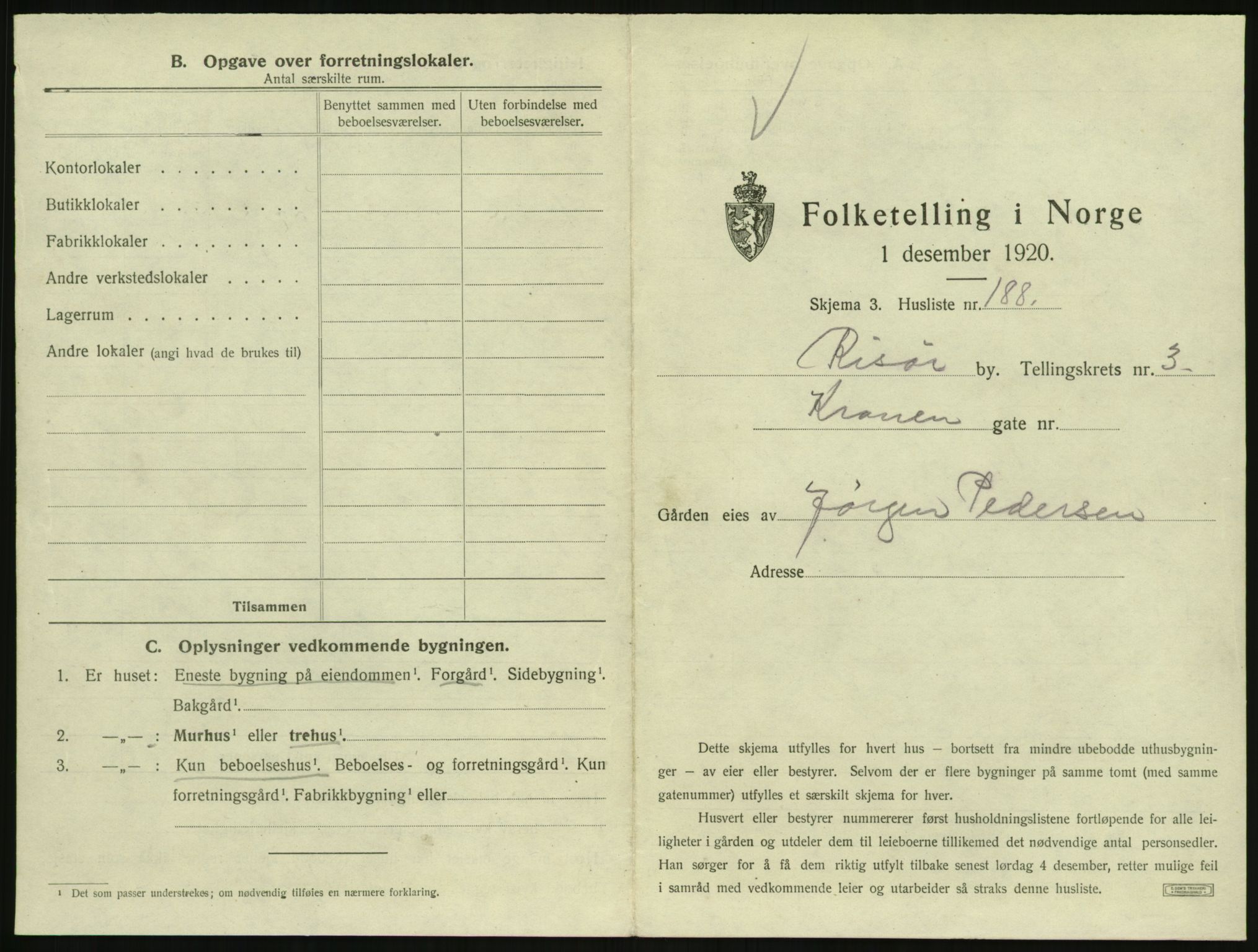SAK, 1920 census for Risør, 1920, p. 1319