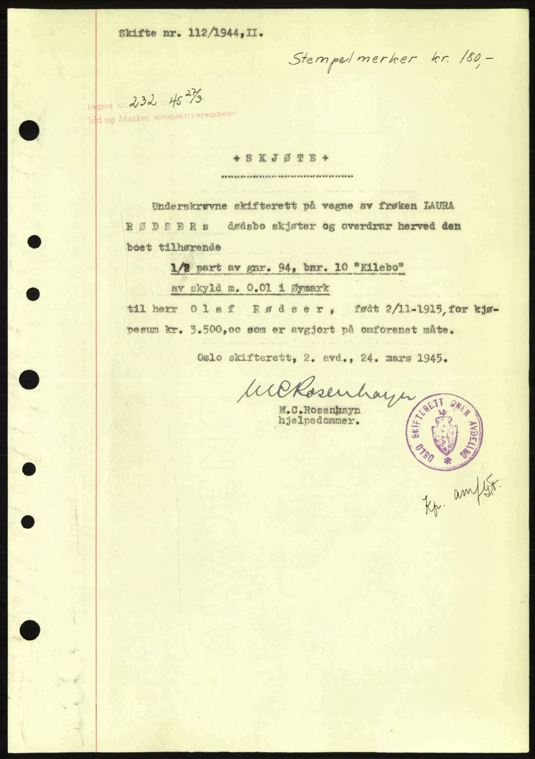 Idd og Marker sorenskriveri, AV/SAO-A-10283/G/Gb/Gbb/L0007: Mortgage book no. A7, 1944-1945, Diary no: : 232/1945