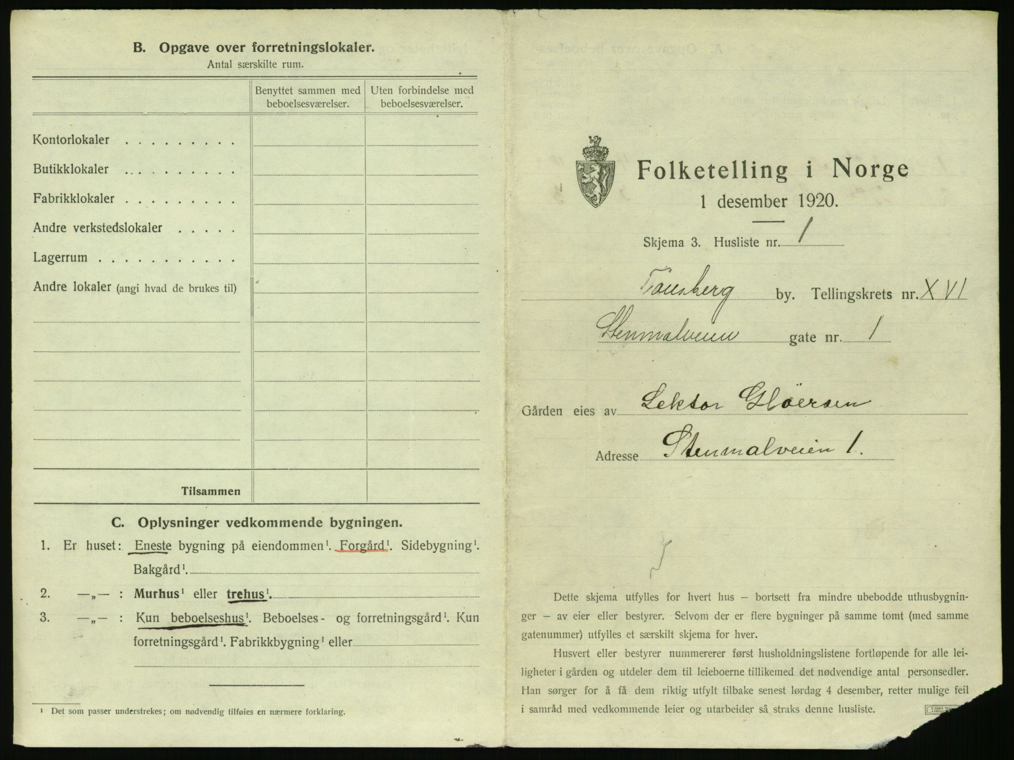 SAKO, 1920 census for Tønsberg, 1920, p. 1657