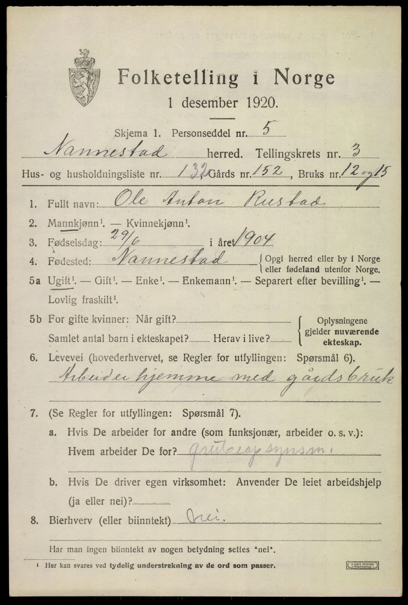 SAO, 1920 census for Nannestad, 1920, p. 5051