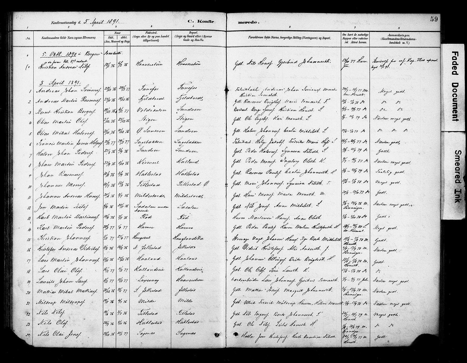 Fana Sokneprestembete, AV/SAB-A-75101/H/Haa/Haab/L0002: Parish register (official) no. B 2, 1890-1897, p. 59