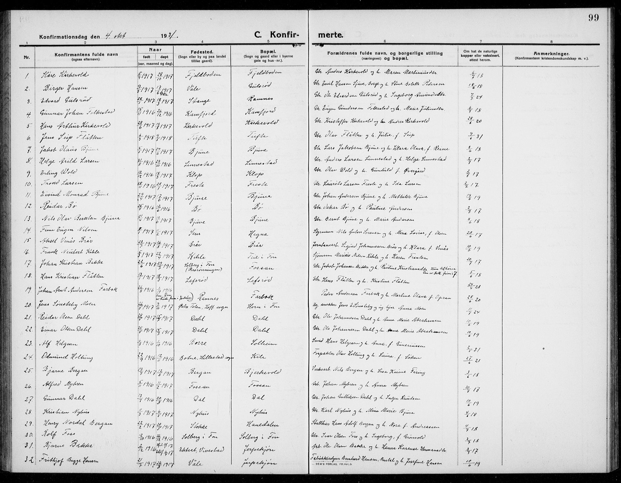 Ramnes kirkebøker, SAKO/A-314/G/Ga/L0005: Parish register (copy) no. I 5, 1912-1936, p. 99